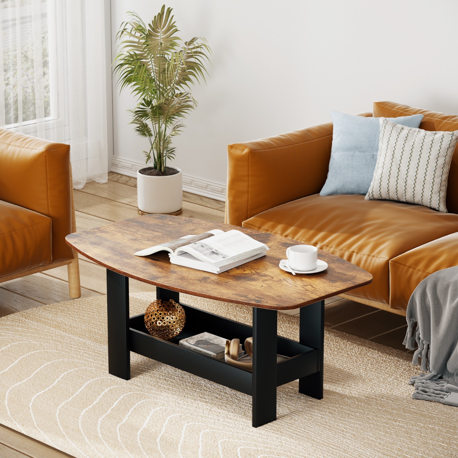 VECELO Rustic Brown Oval Wooden Top Coffee Table with Storage Shelf End Table