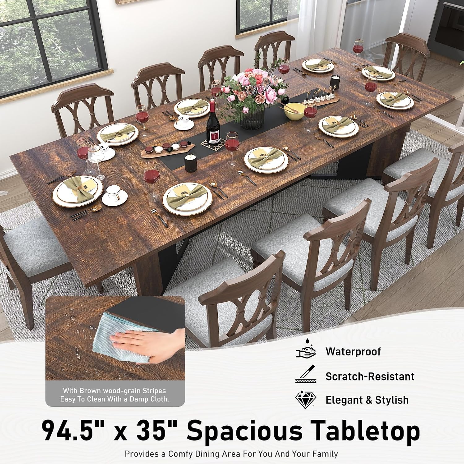 94Inch Large Dining Table 8 10 People,Wooden Rectangular Kitchen Table