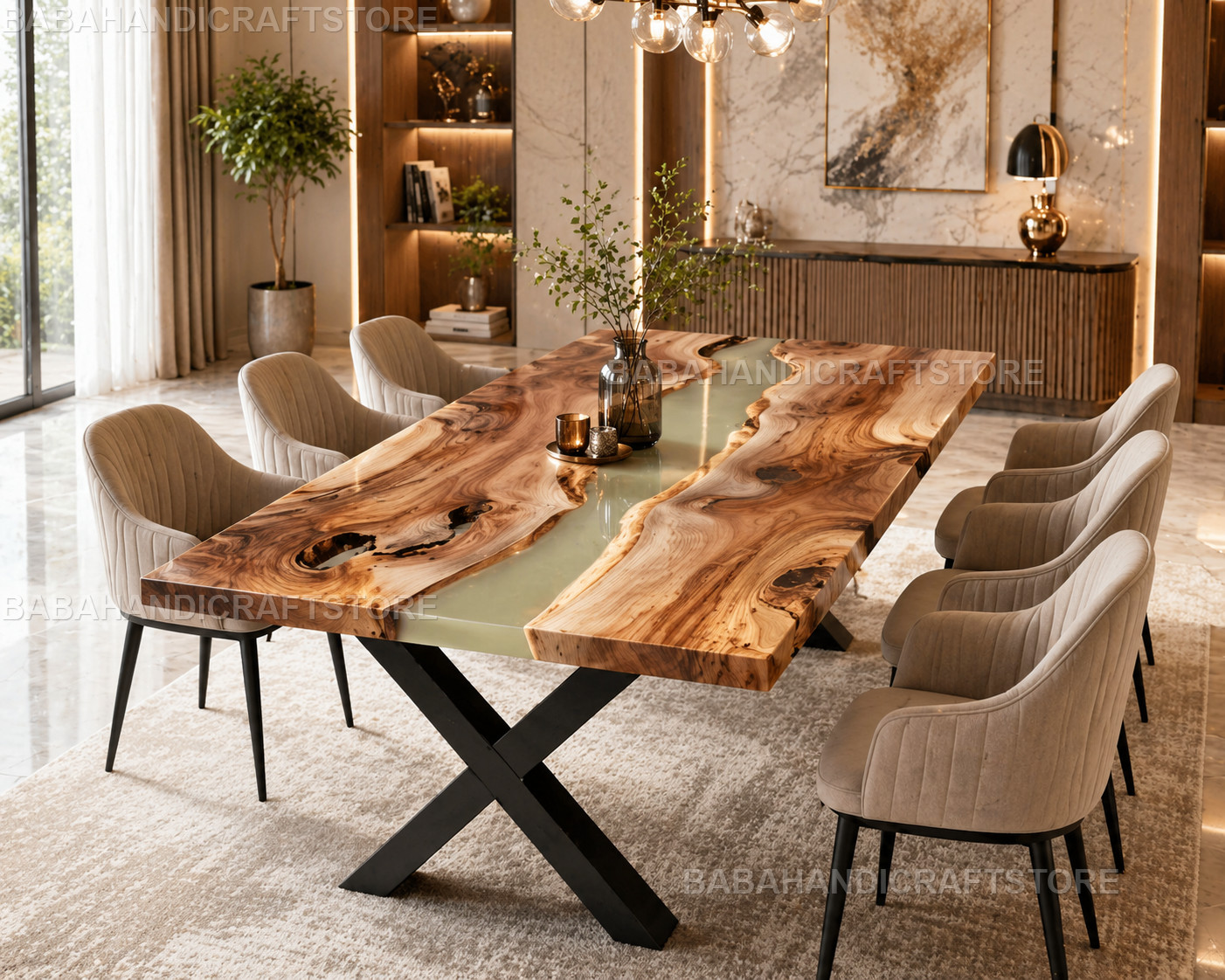 Live Edge Epoxy River Dining Table Green Resin Luxury Wood Conference Desk