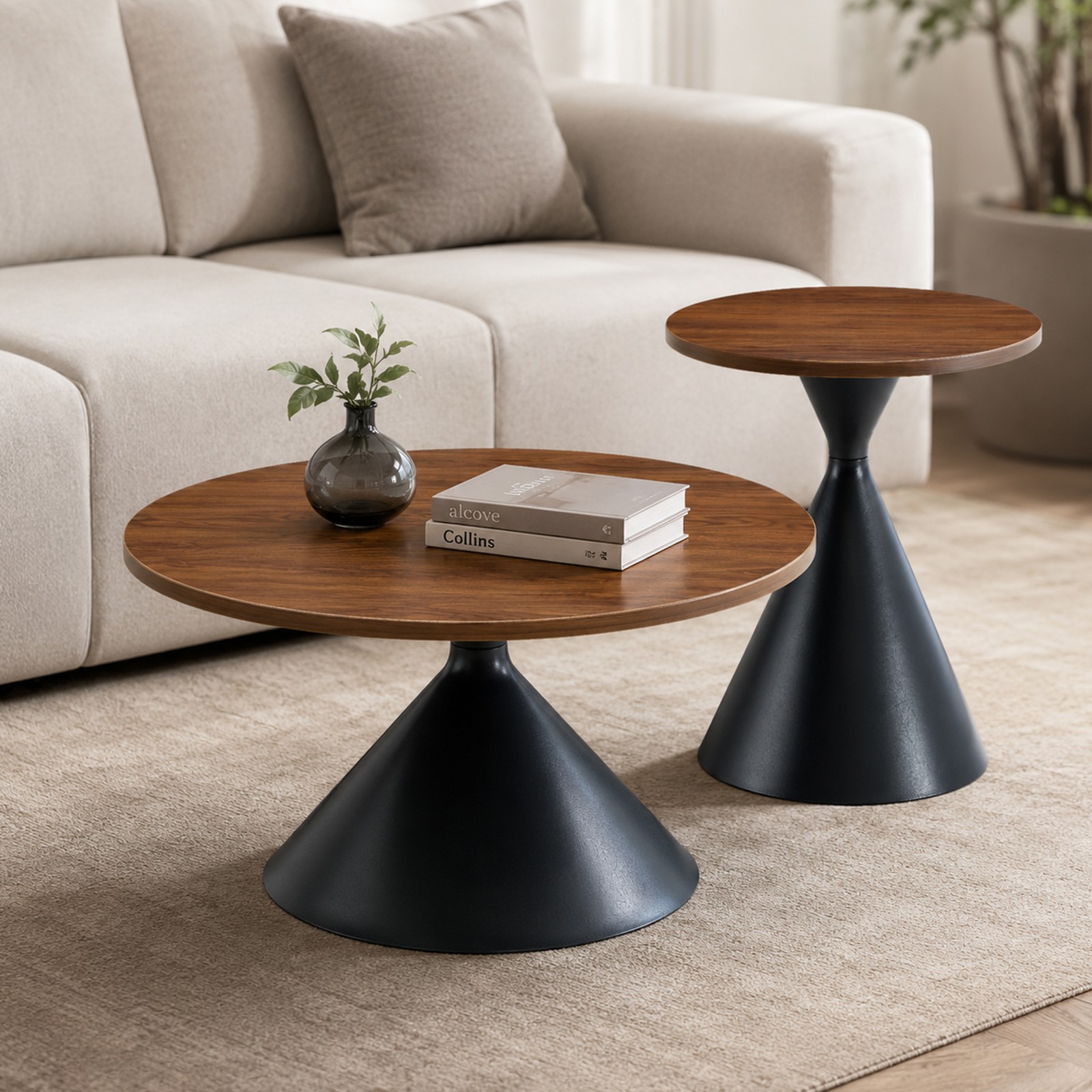 2-Piece Round Coffee Table Set, Walnut Pattern MDF Top, Steel Base, Black