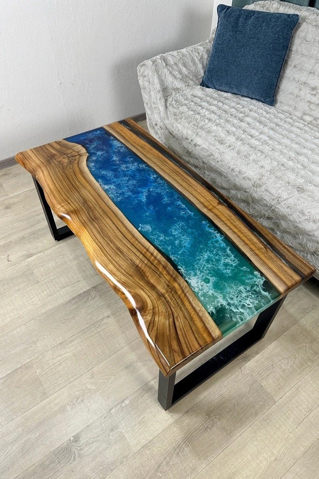 Handmade Live Edge Walnut Epoxy River Table | Ocean Blue Resin Coffee Table Live