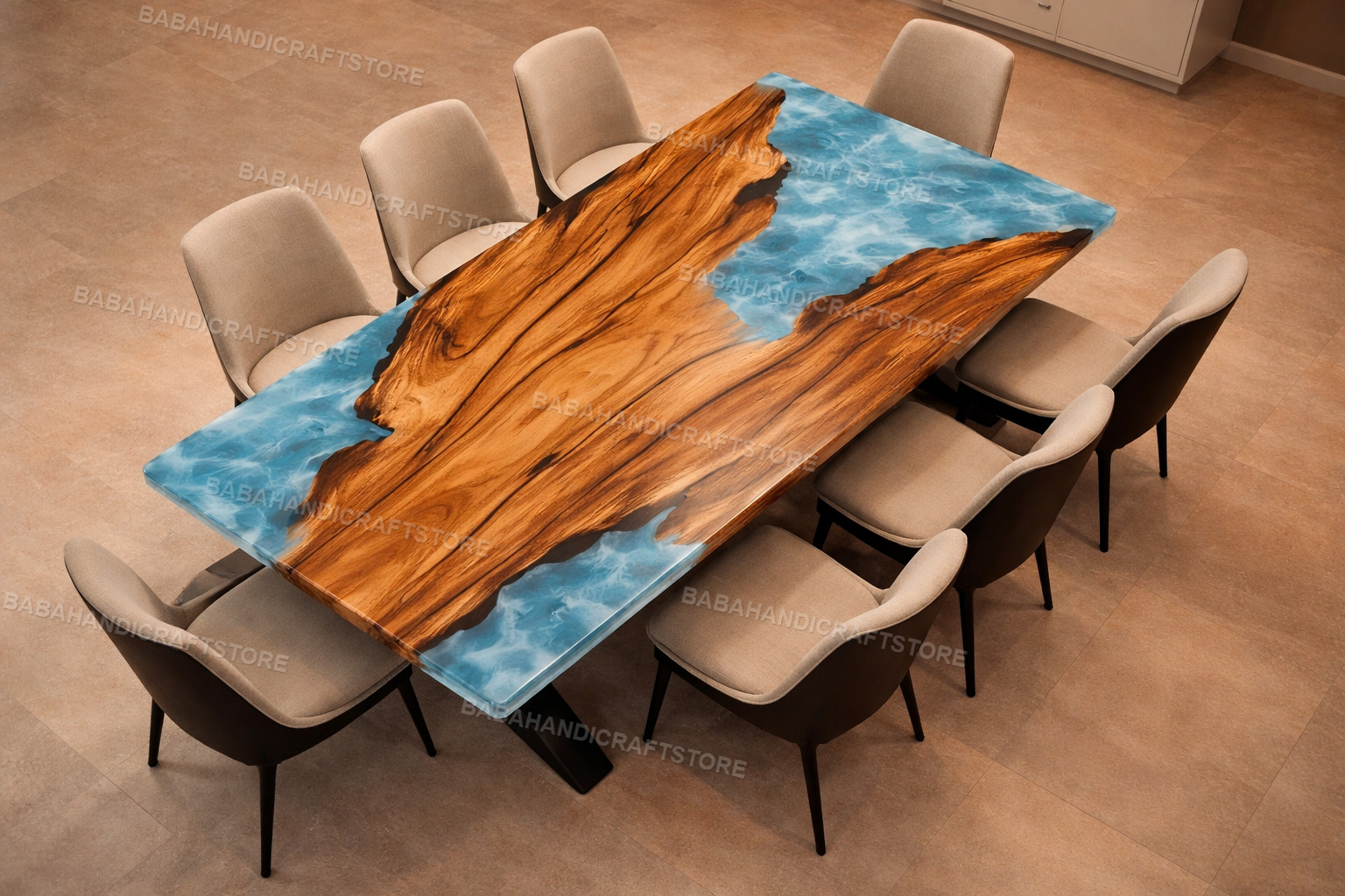 Blue Ocean Epoxy Resin Dining Table Top – Live Edge Walnut Wood River Table Hand