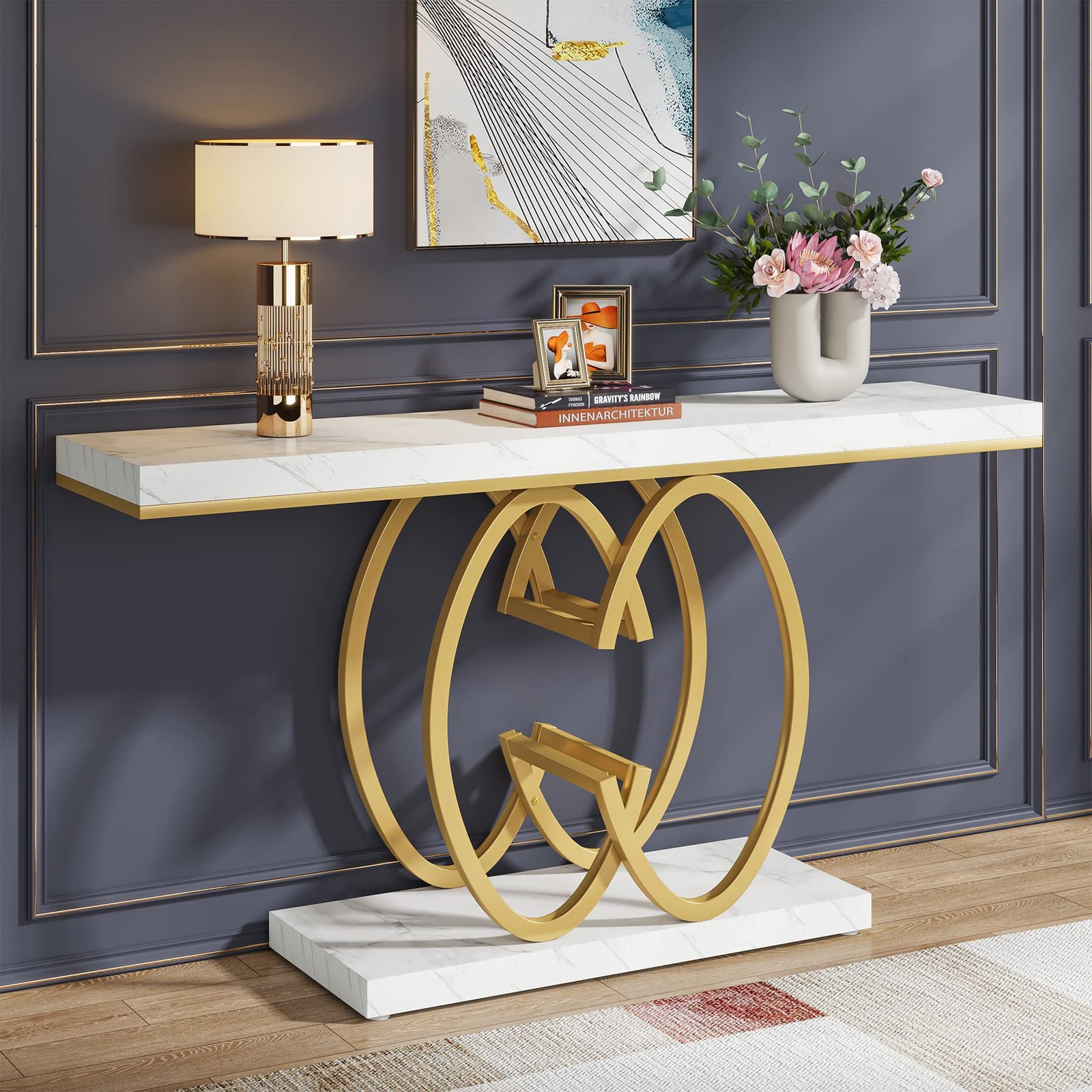 55″ Console Table for Hallway, Faux Marble Gold Entryway Table w/Geometric Metal