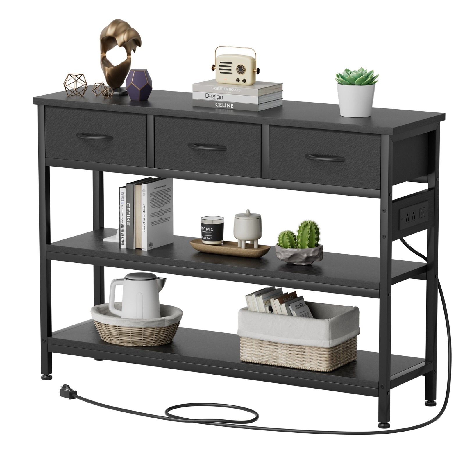 43.3″ Console Table with Power Outlets 3 Drawers 2 Shelves Sofa Table Black