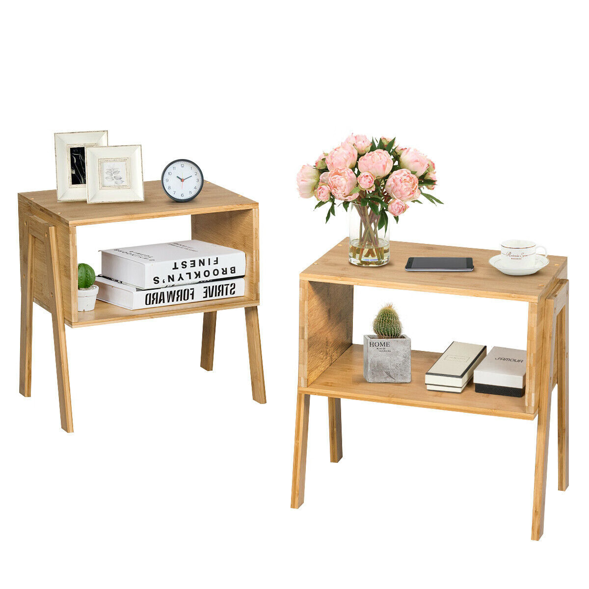 2 Pieces Bamboo Nightstand Sofa Table with Storage Shelf – Color: Natural
