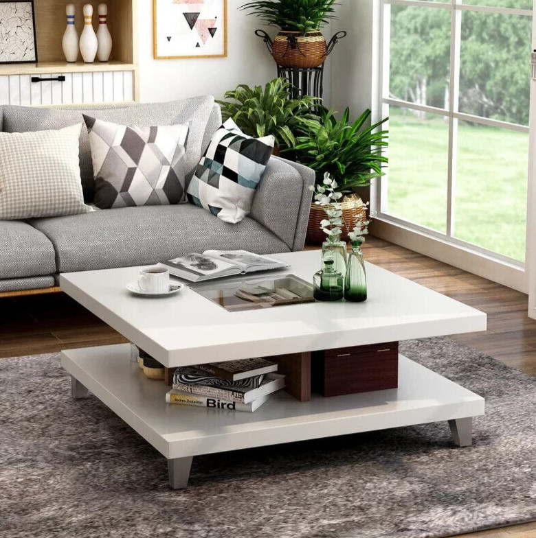 Matte White Modern Low Profile 2-Tier Coffee Table 32x32in
