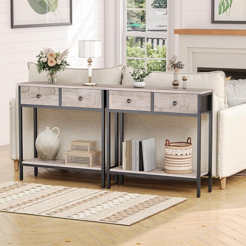 Narrow Console Table W/ 2 Fabric Drawers 2-Tier Storage Entryway Living Room New