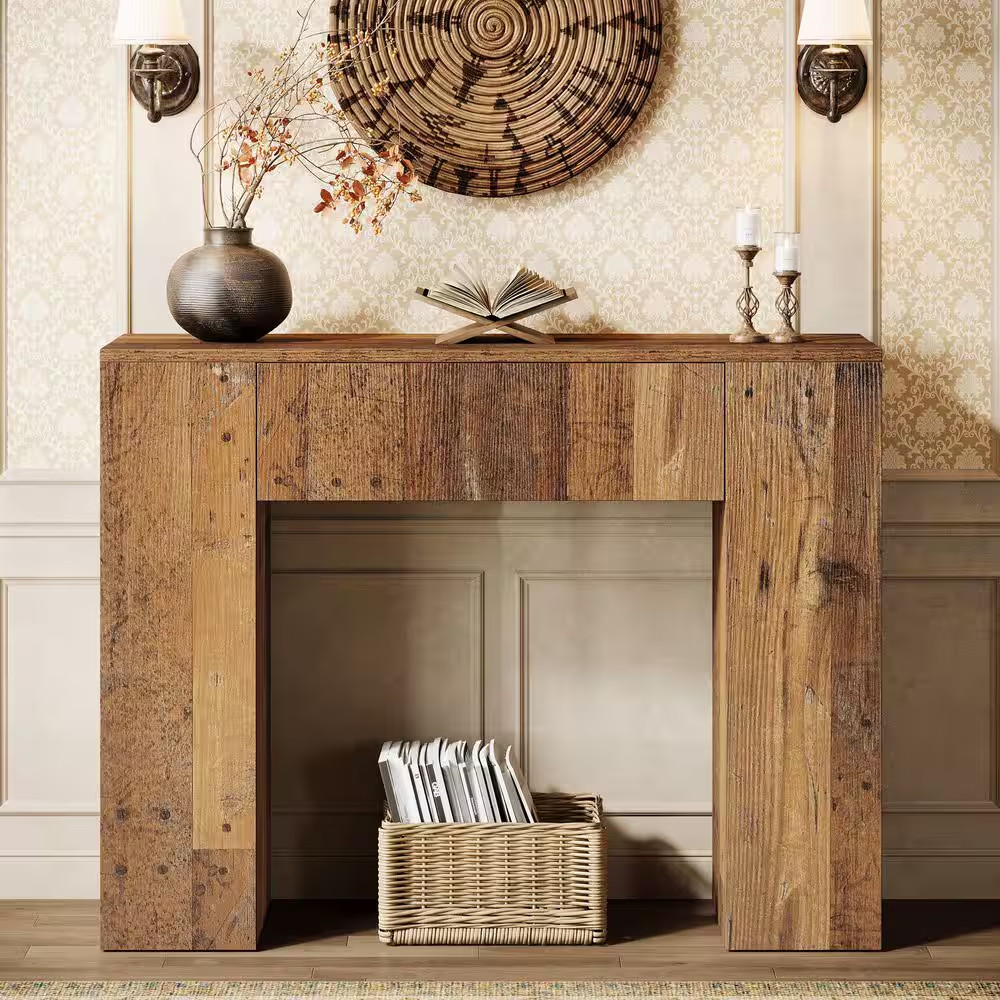 39 In. Brown Rectangle Wood Small Console Table with Drawers for Narrow Entryway