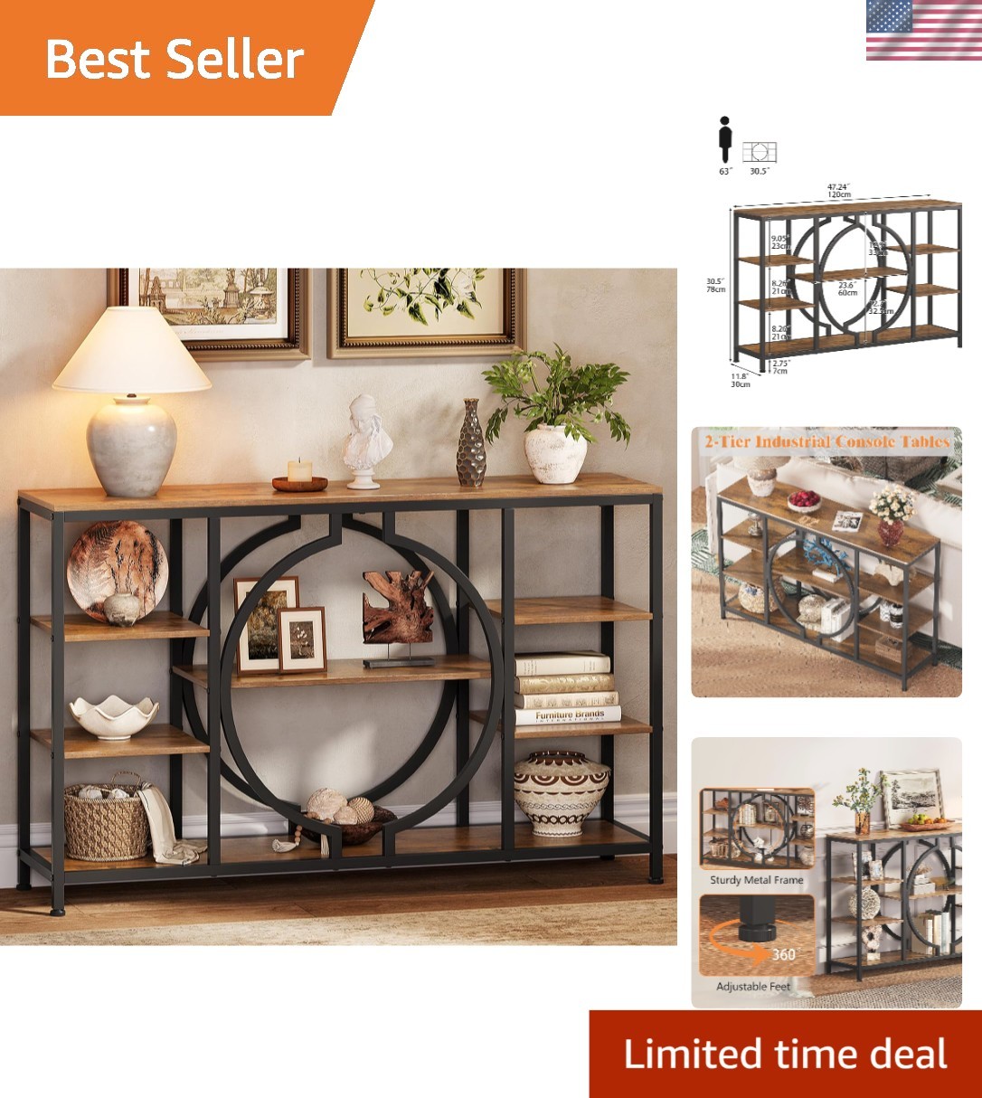 Industrial Console Table with Ample Storage and 4-Tier Shelves for Living Spaces