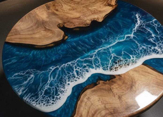 18″ Small Round Ocean End Table Blue Resin River Art with Stones & Natural Moss