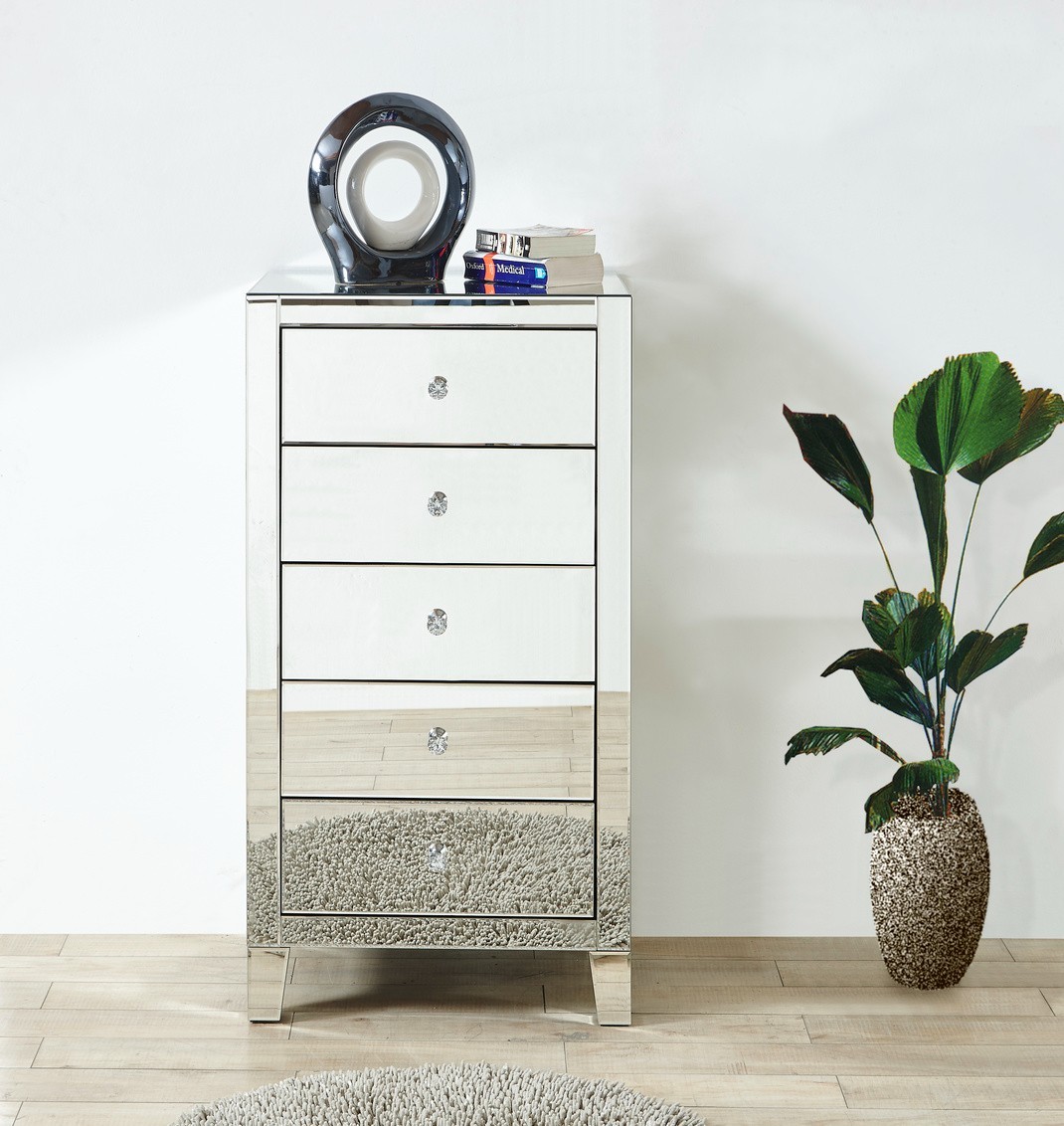 Mirrored 5 Drawer Tall Dresser Bedroom Bathroom Living Dining Room Cabinet 45″