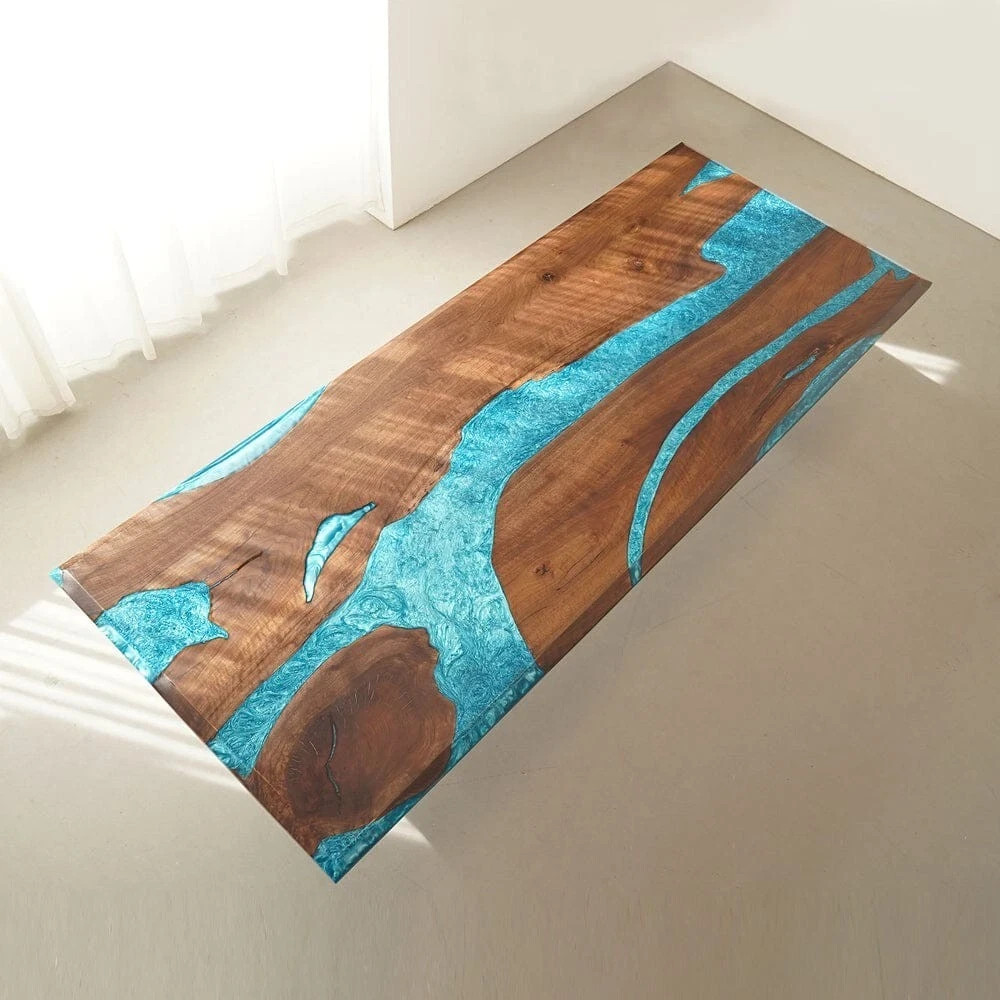Walnut Turquoise Blue Epoxy River Table Top Live Edge Dining