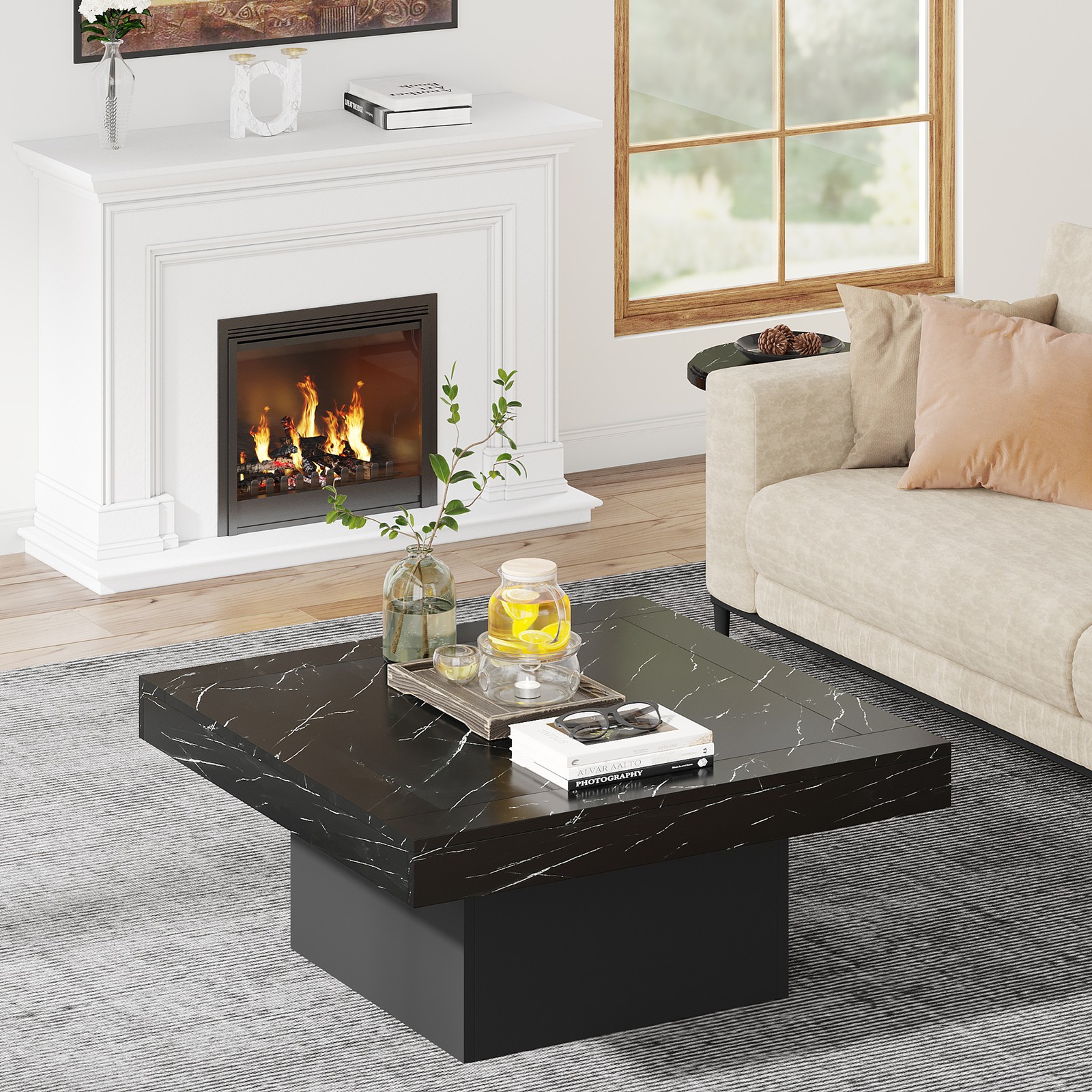 35″ Modern Square Coffee Table with Led Light, Wood Center Table for Living Room