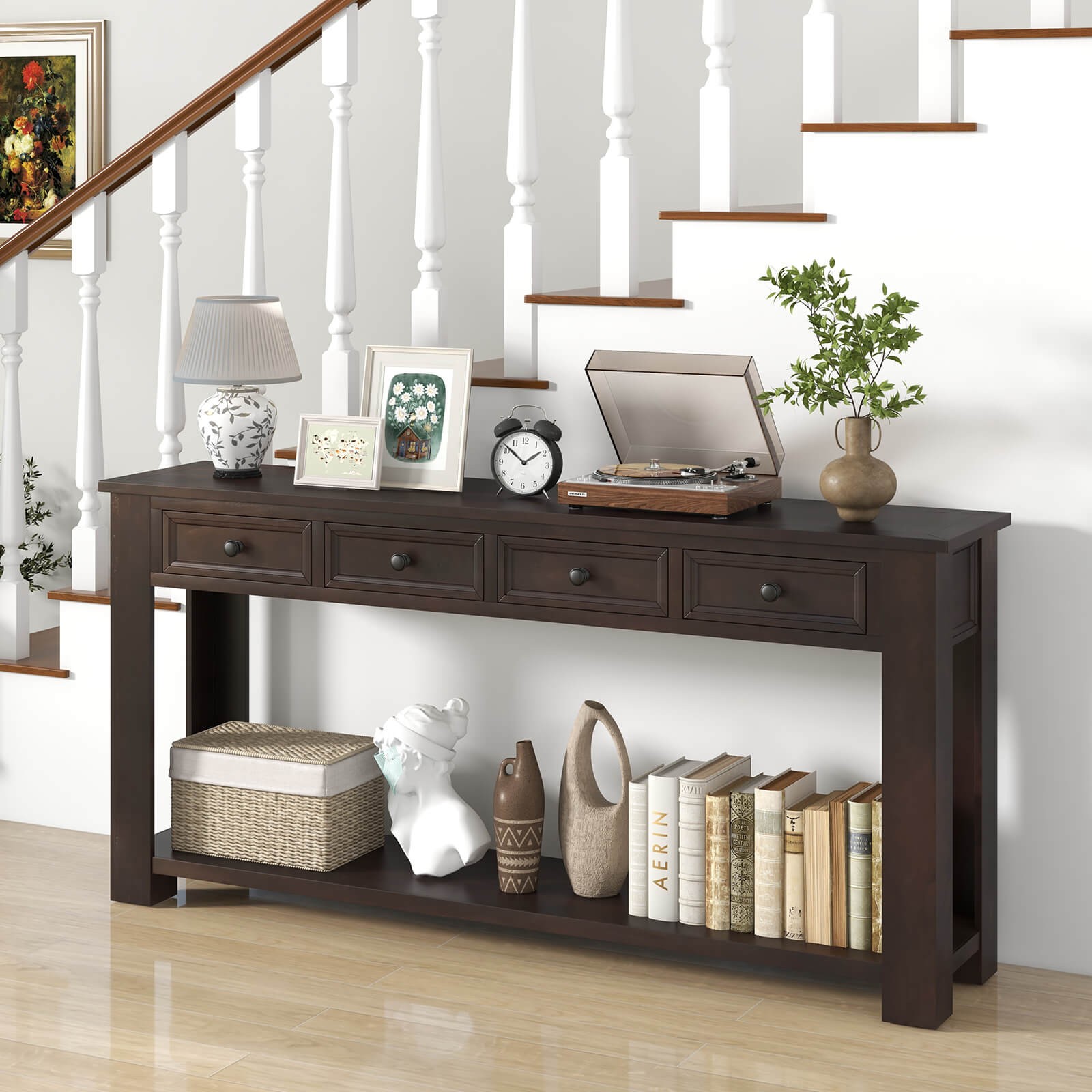 63″ Farmhouse Entryway Table with 4 Storage Drawers and Open Shelf Espresso