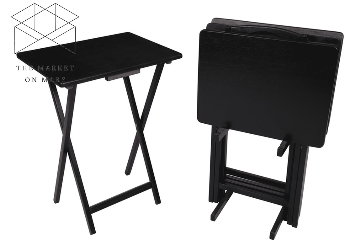 4-Piece Black Rubberwood Indoor Folding TV Tray Table Set with Storage Rack 💪