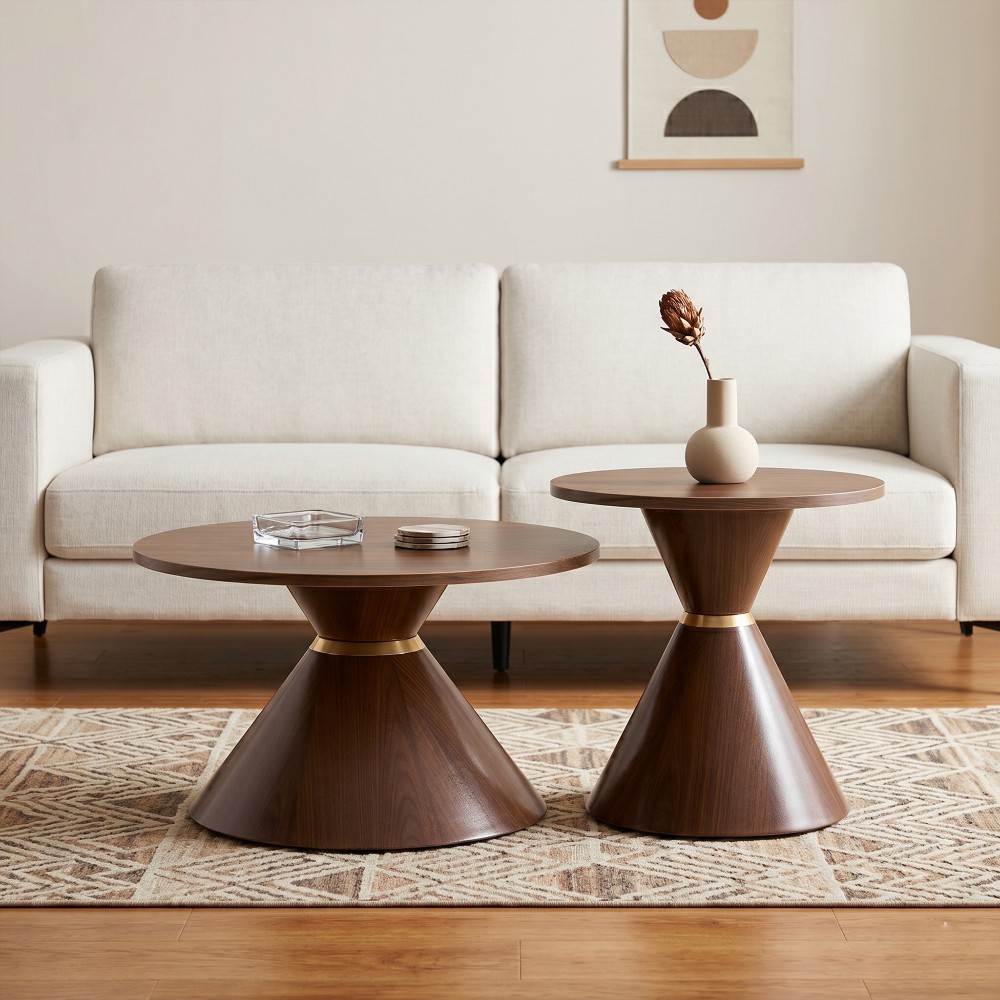 2-Piece Round Coffee Table Set, Walnut Top Metal Base, Nut Brown