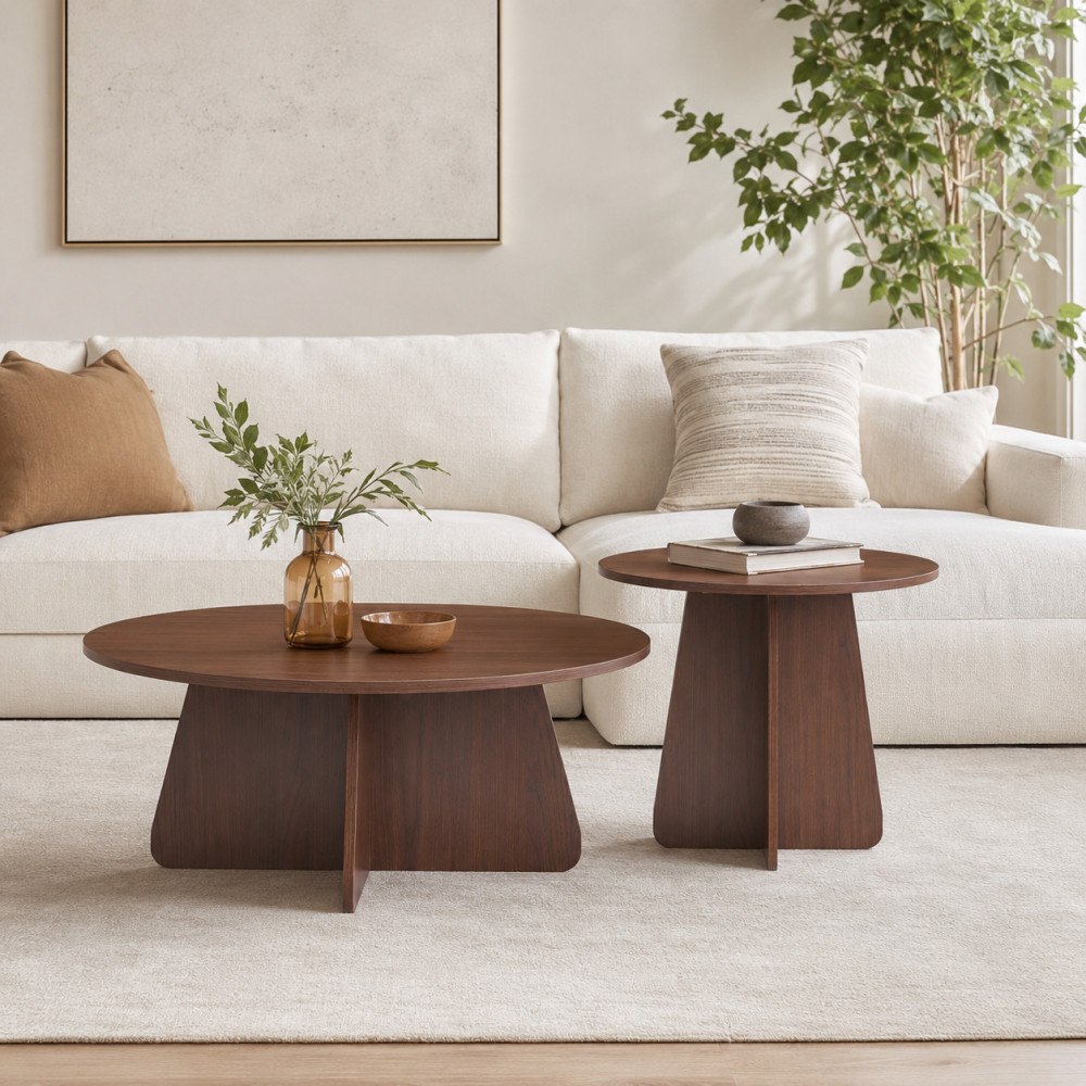 Retro Nesting Coffee Table Set, Round Side Tables with Wood Legs