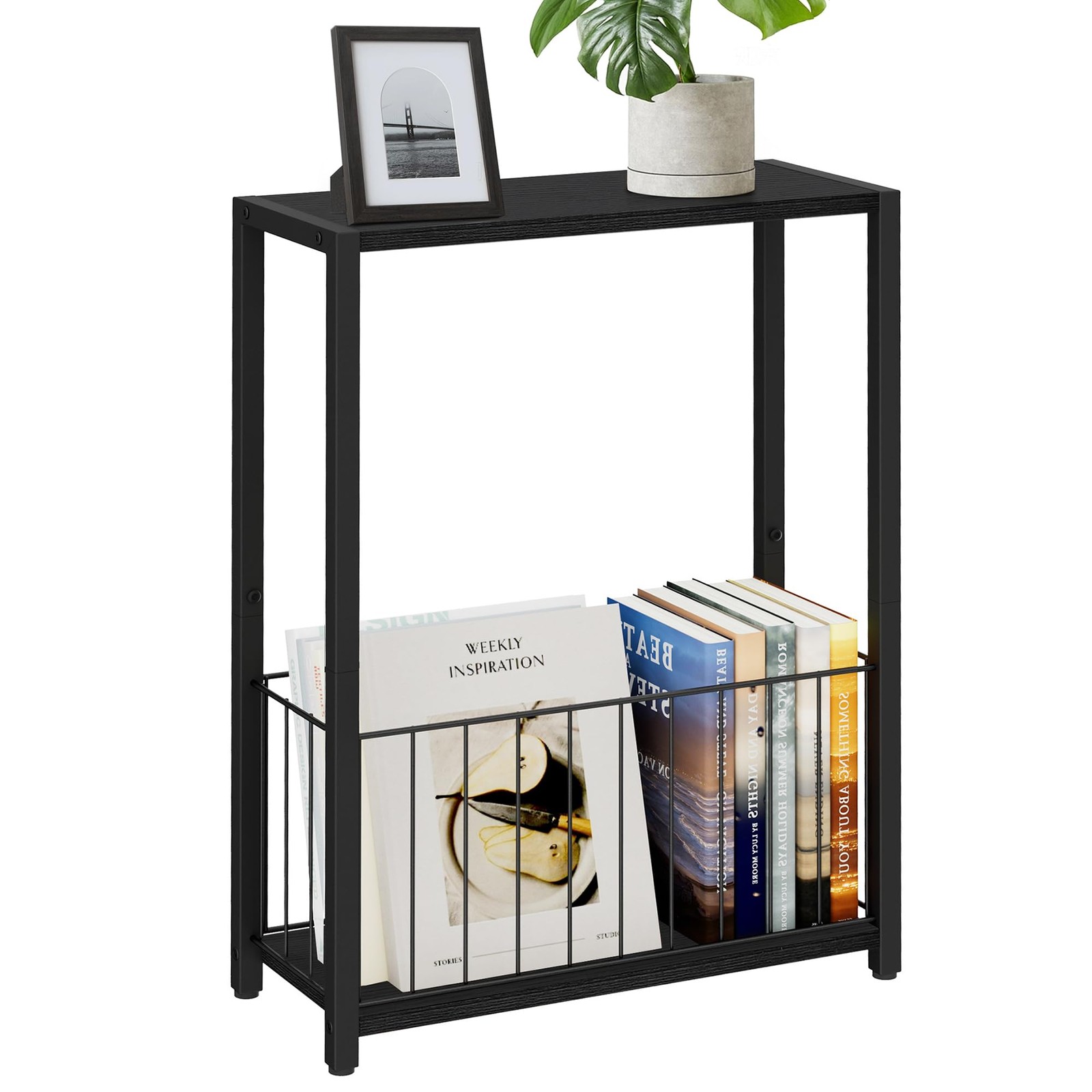 16.9″W Black Narrow Side Table with Magazine Holder Skinny End Table Slim