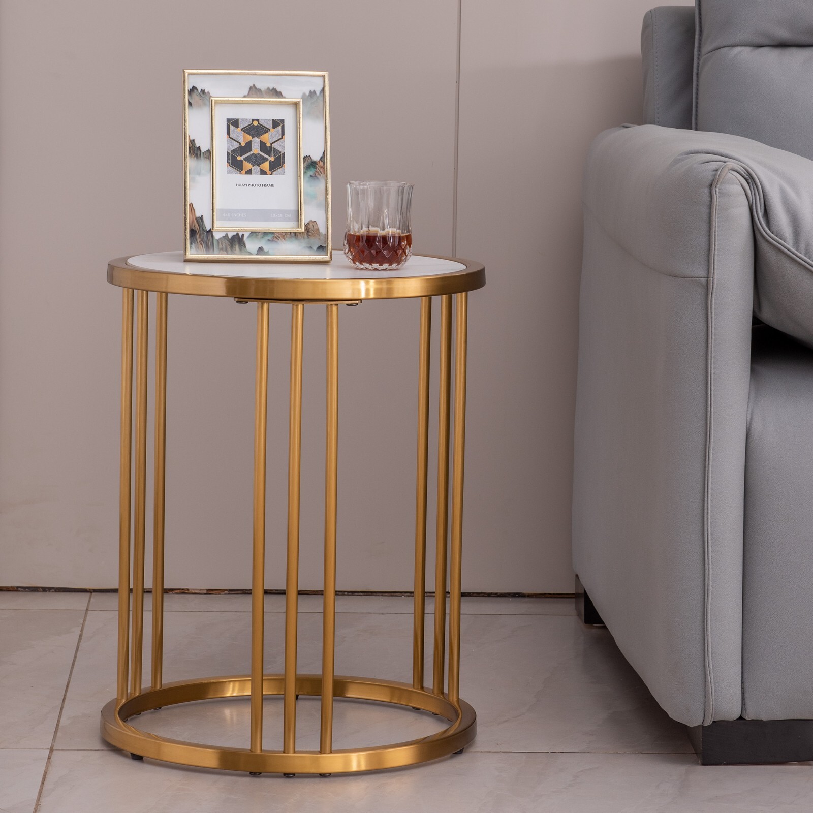 US Slate/sintered Stone Round Side/end Table with Golden Stainless steel Frame