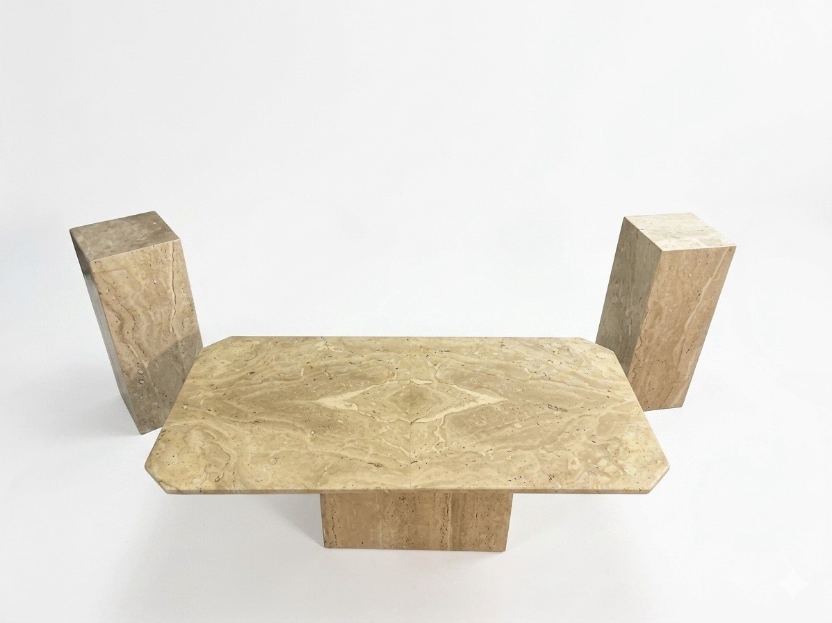 Beige Stone Rectangular Coffee Table Mid-Century Modern 47x30x28 in