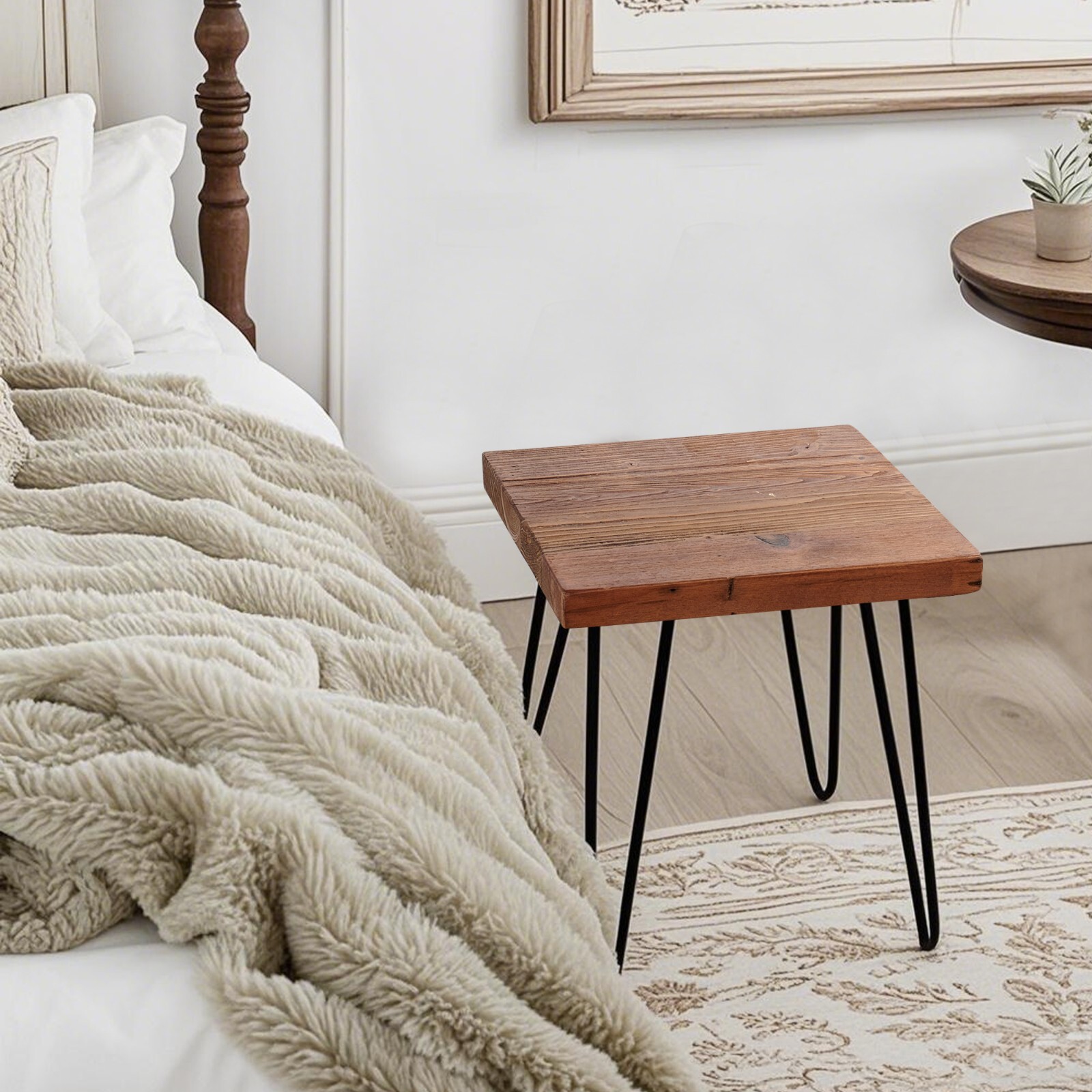 GREENAGE Minimalist Square Old Pine Wood End Table Rustic Surface Side Table
