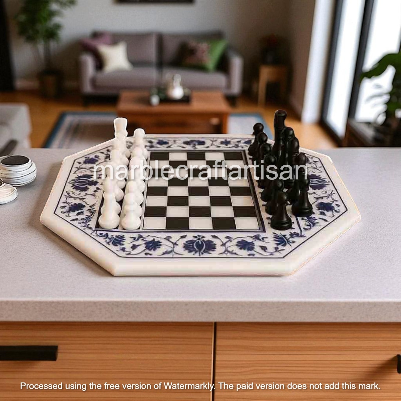 White Marble Inlay Chess Set with Pcs for Adults Lapis Lazuli Floral Art Design