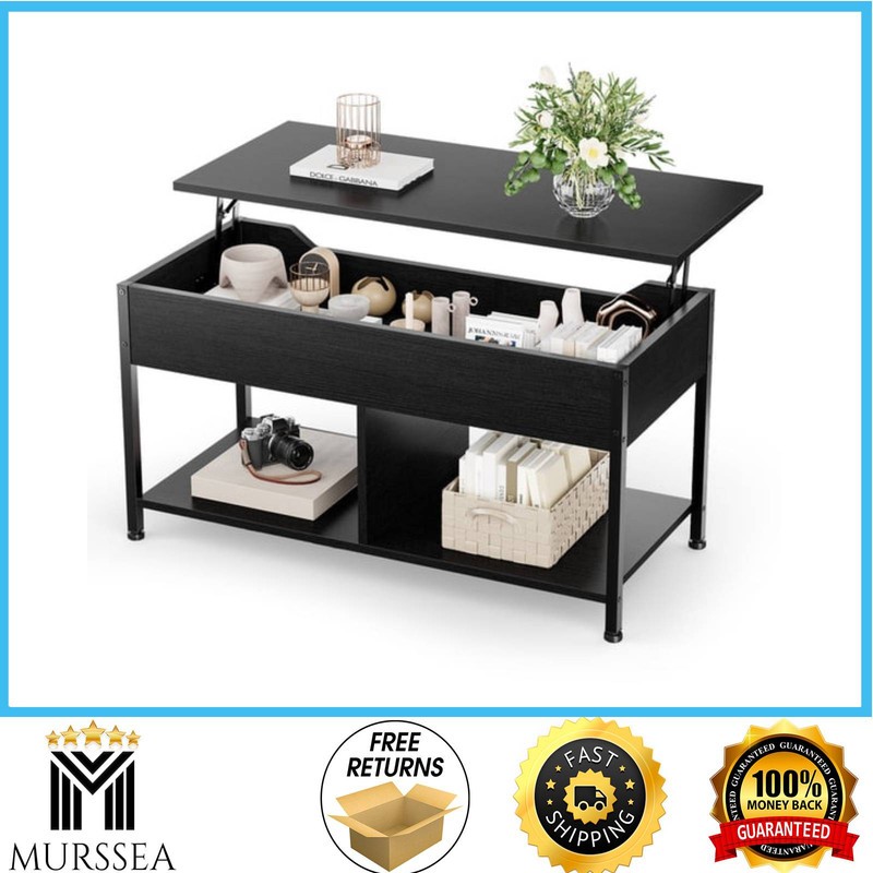Gianna 39 in Lift Top Coffee Table Storage Hidden Compartment 2 Shelves Black