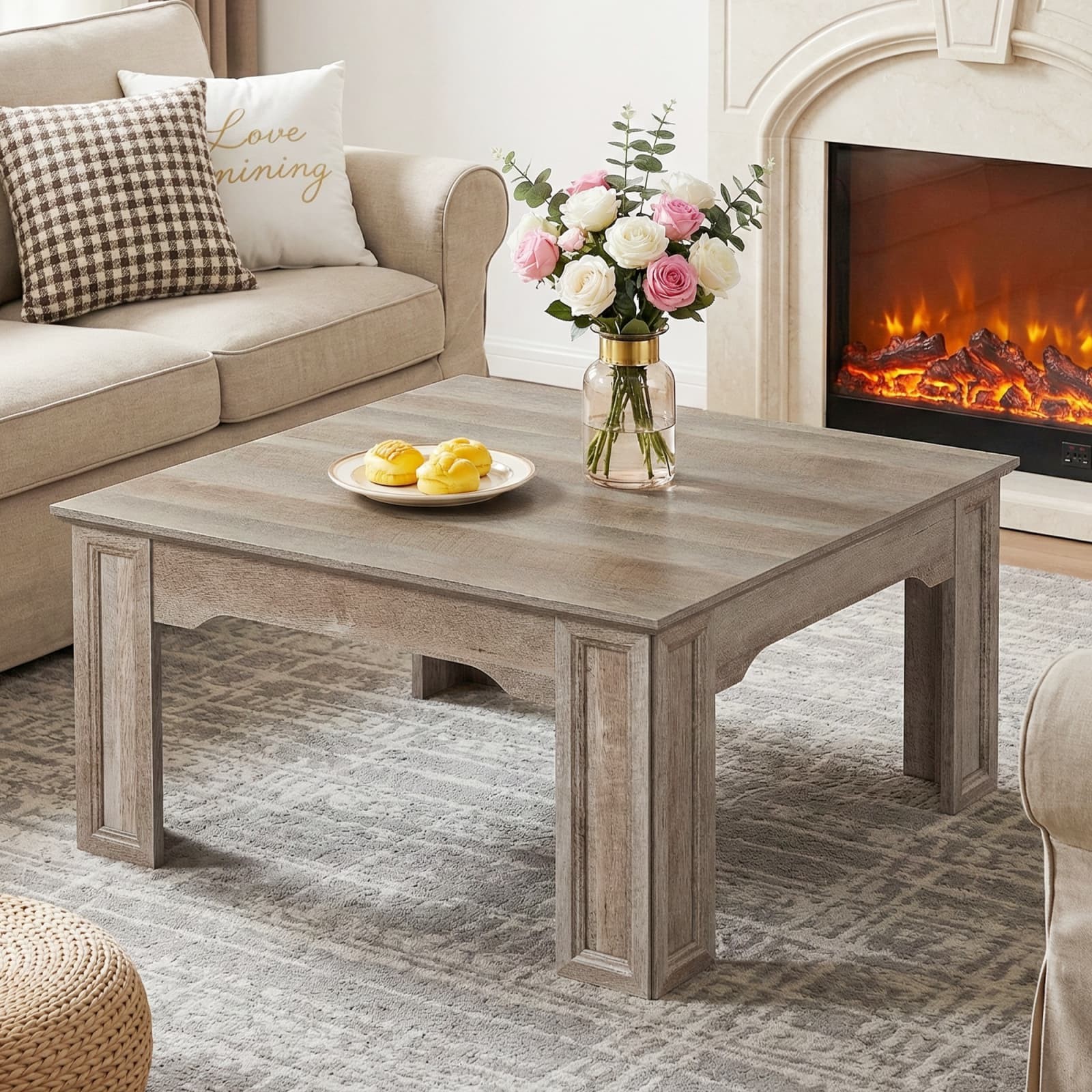 39.4″ Rustic Square Coffee Table, Light Oak Wood-Grain MDF Living Room Table US