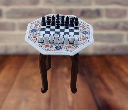 14″x14″ Handmade Marble White Chess Table Top With King And Legs Christmas Gift