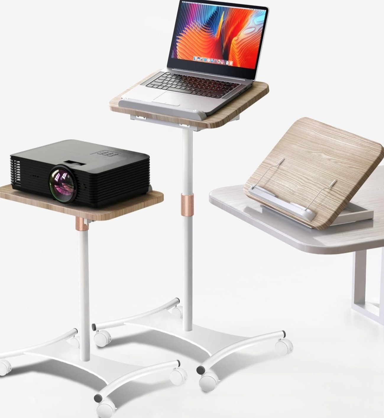 Light Wood Rolling Laptop Stand Table, Adjustable, 16.5×11.8 in, Rectangular