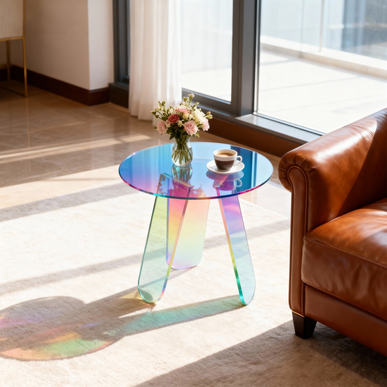 Round Iridescent Side Table Acrylic End Table w/ PVC Table Cover for Living Room