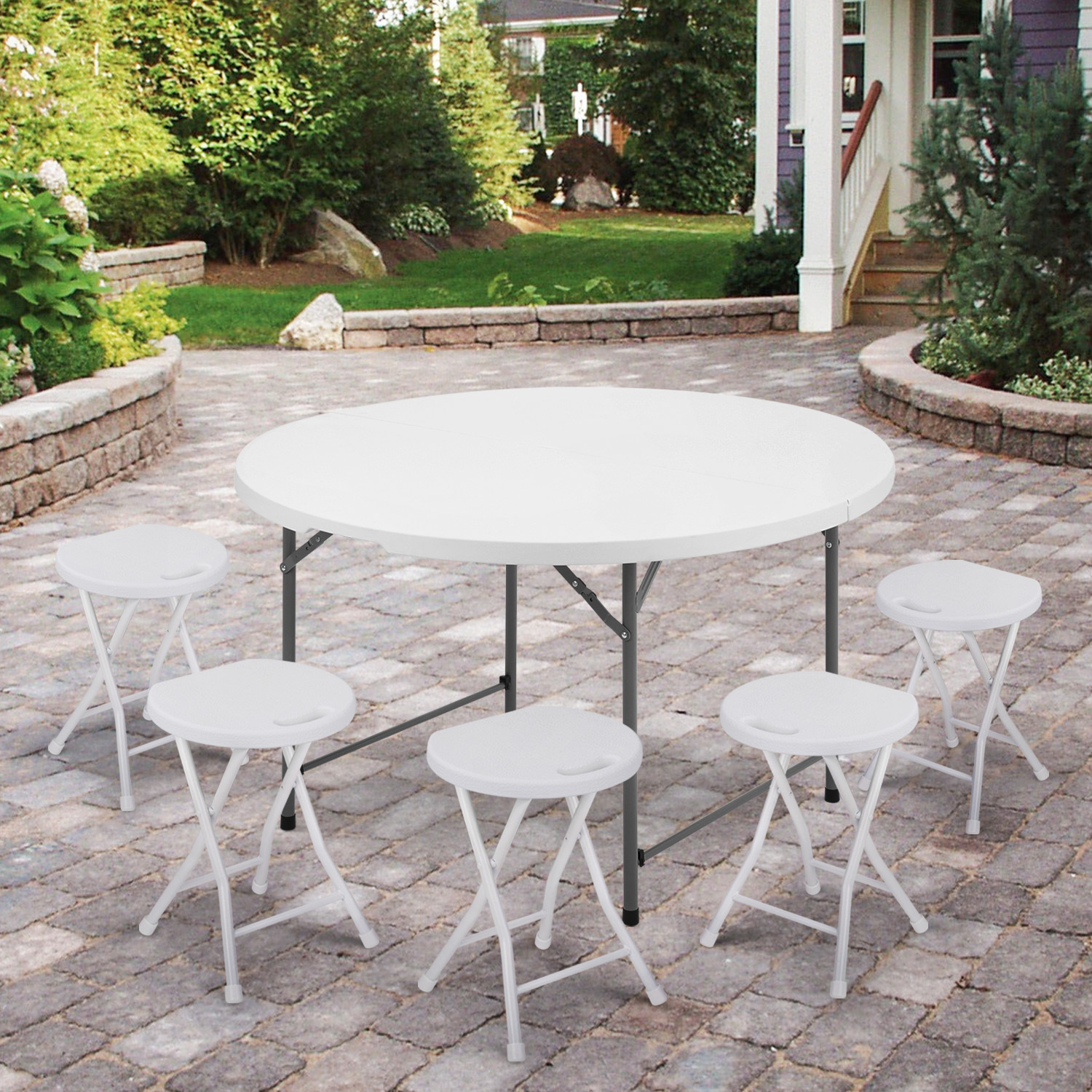 White [4 FT FOLDABLE ROUND TABLE] Party Gathering Portable Dining Desk w/Handle