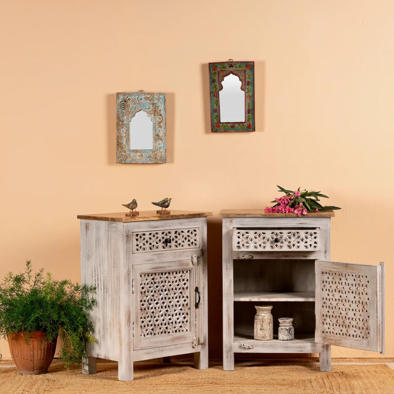 Artisan Handmade Bedside Table Solid Wood Hand Carved 22 × 13.8 × 29.9 inches