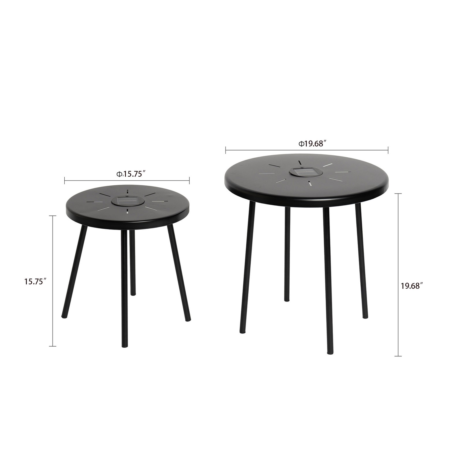 Solar Powered LED Side Table Set, 2-Pack Black Metal Nesting Round