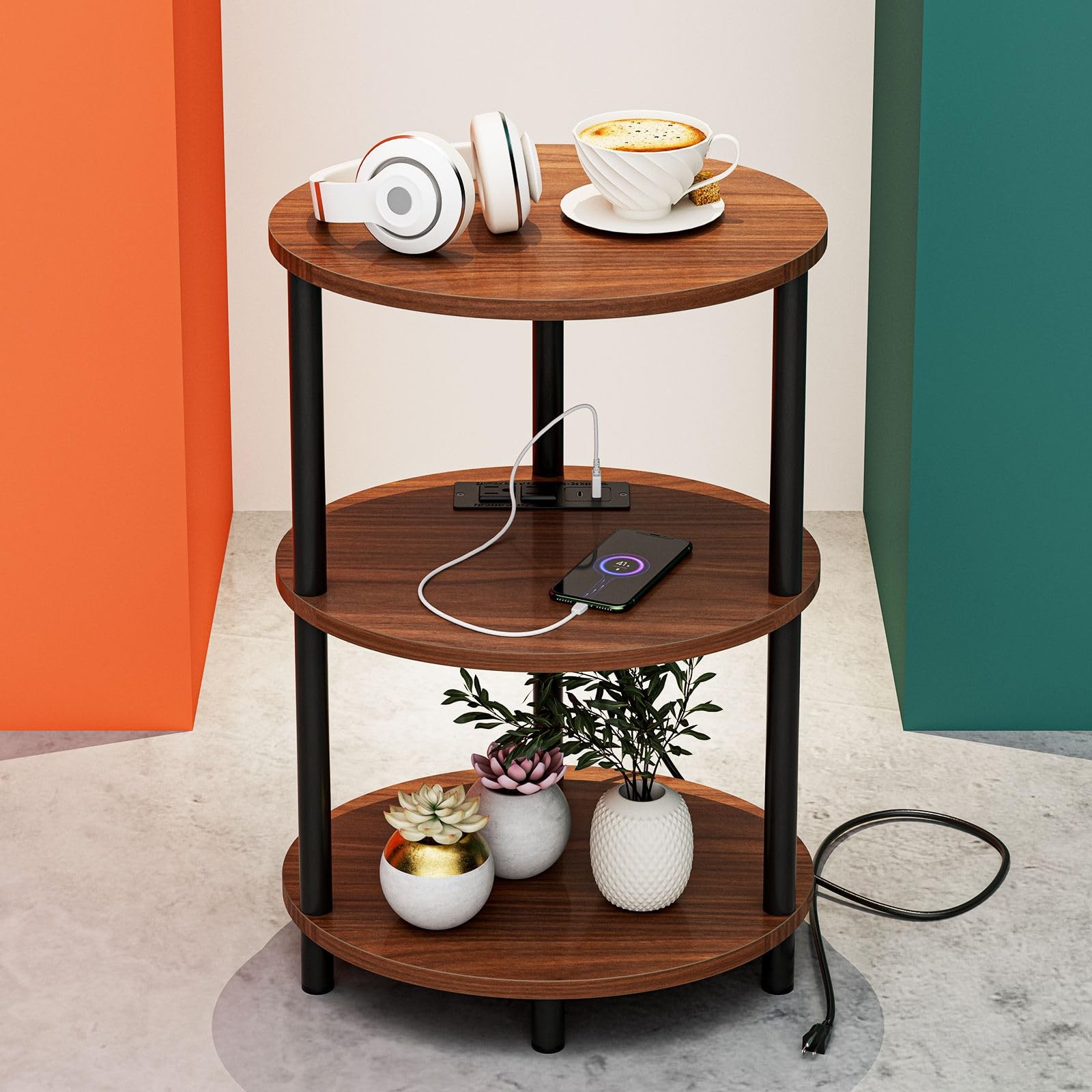 Small Round Side Table 3-Tier USB Power Outlet Rustic Walnut Nightstand