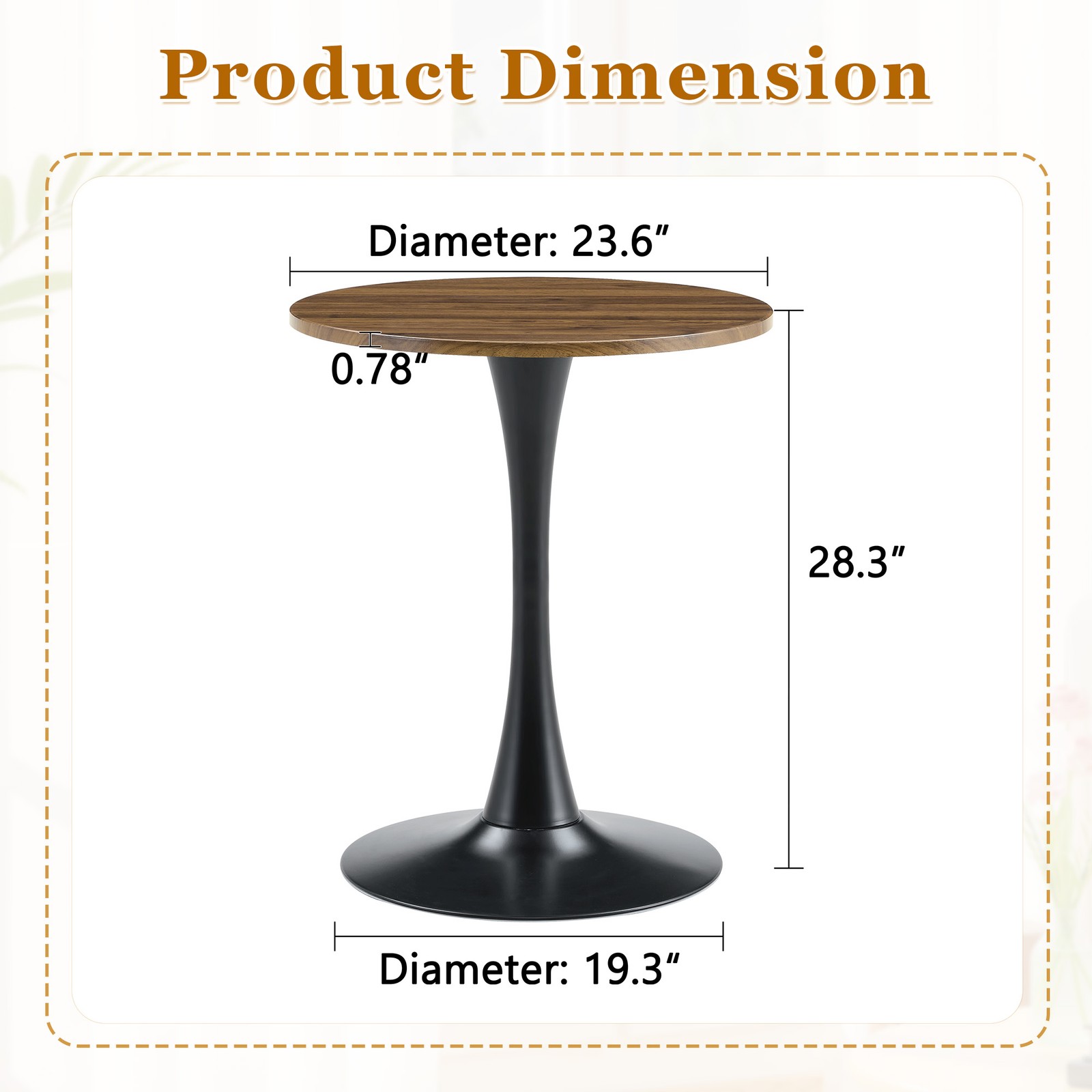 Round Tulip Dining Table 23.6″ Faux Walnut MDF Top Metal Pedestal Base