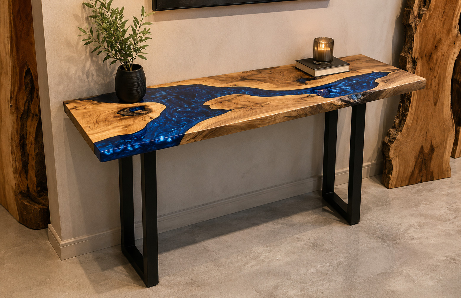 Handmade Live Edge Walnut Blue Epoxy River Console Table | Modern Entryway Table
