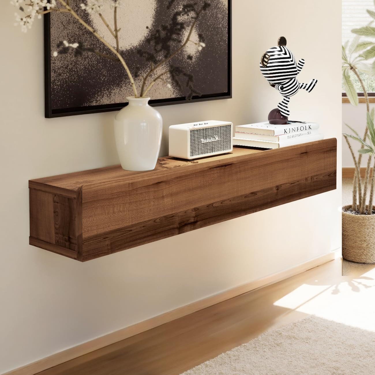 39” Floating Solid Wood Console Table with Storage Shelf – Walnut Finish
