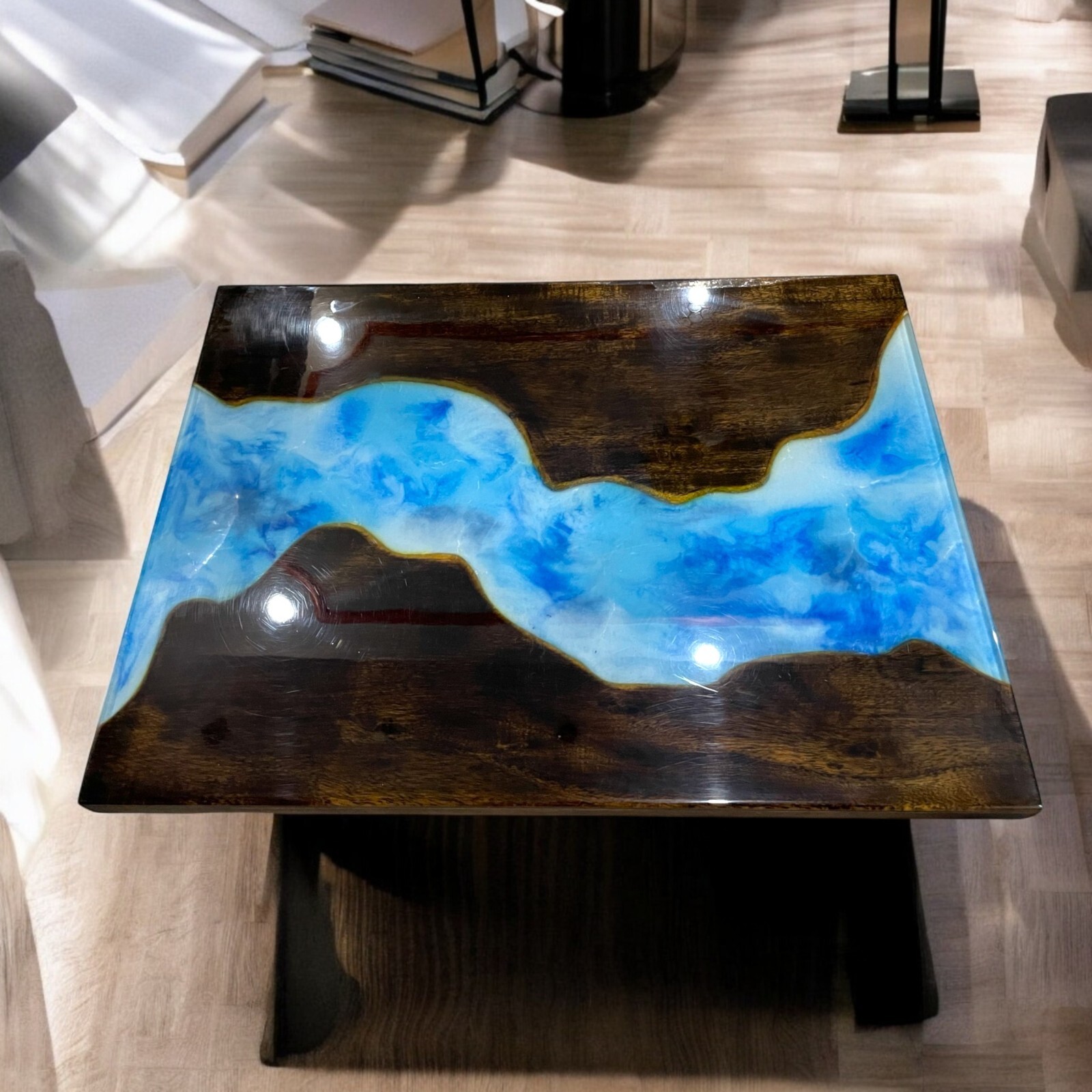 24″X12″ Blue Epoxy River Dining Table Acacia Wooden Countertop Handmade Art Deco