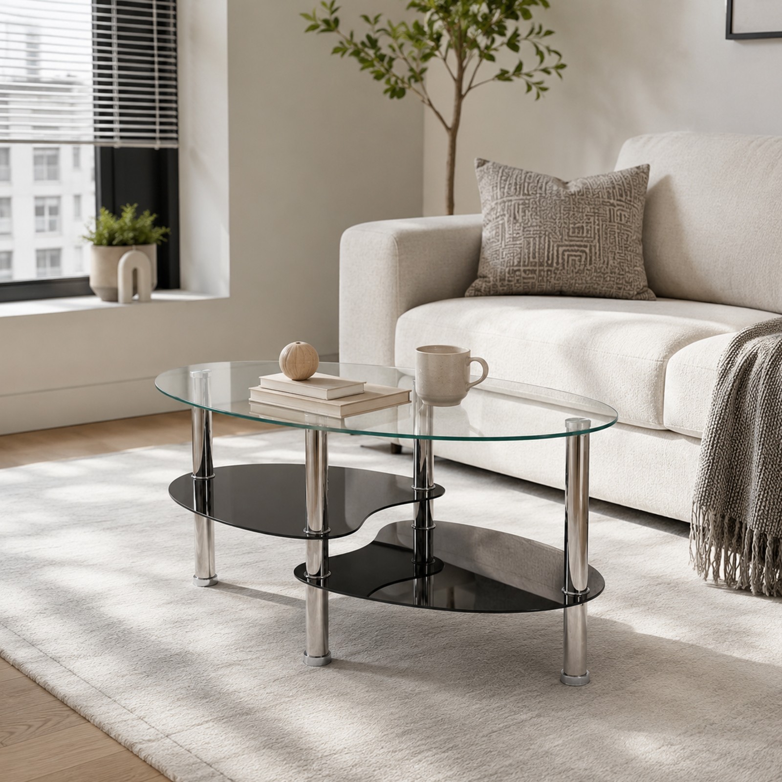 Oval Double-layer Glass Coffee Table with Transparent Top and Black Base Glass