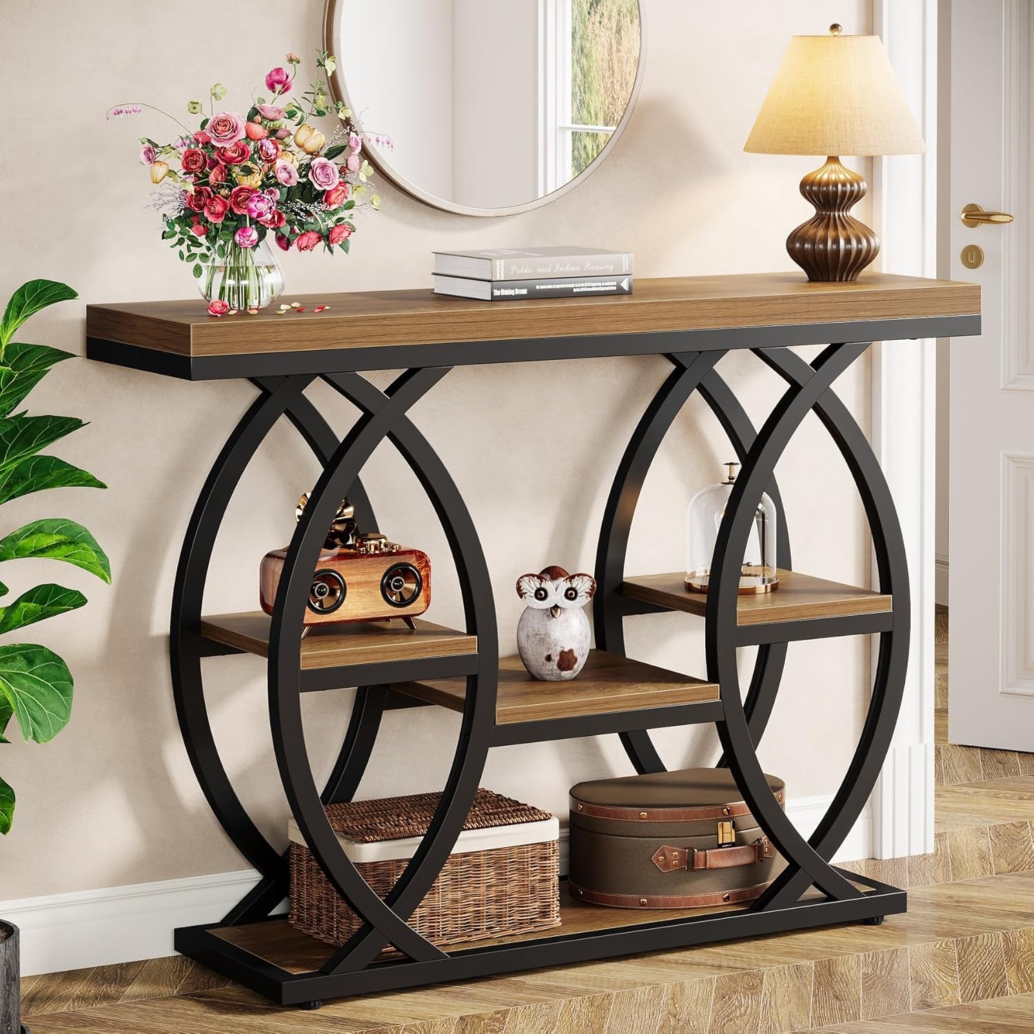 39.4” Industrial Console Table, Narrow Entryway Sofa Table with Storage Shelves