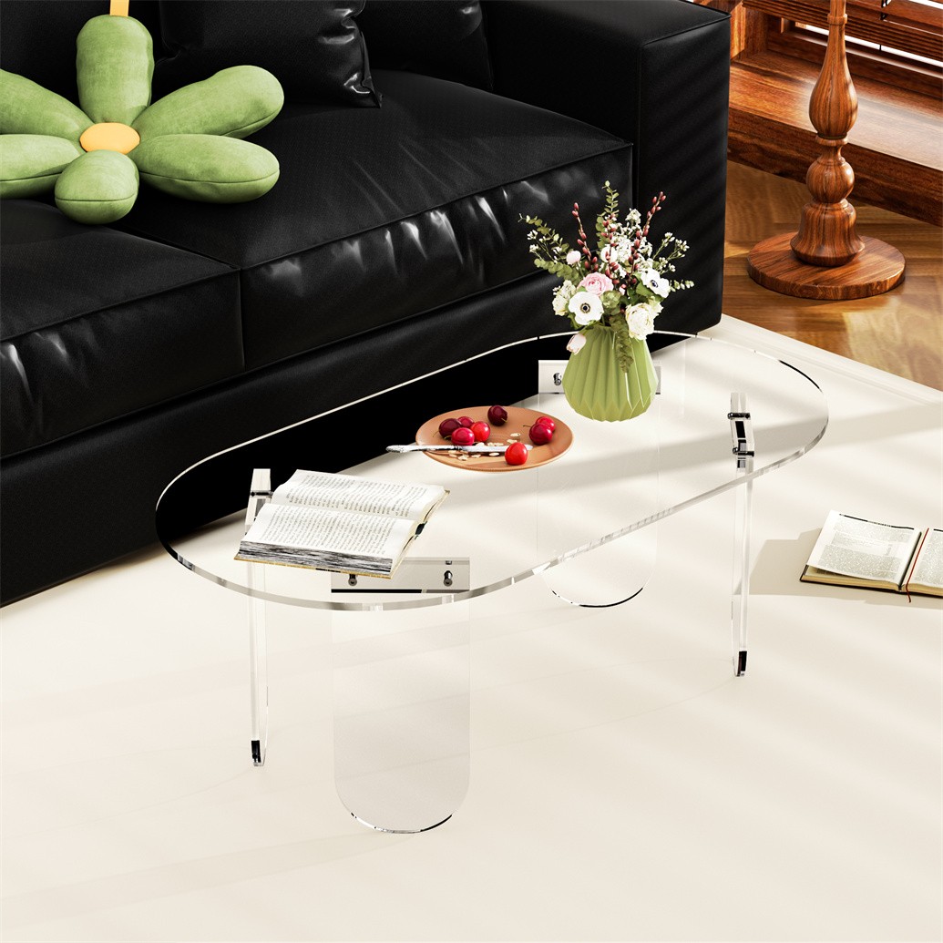 Long Oval Acrylic Coffee Table Transparent Living Room Sofa Table w/ PVC Cover