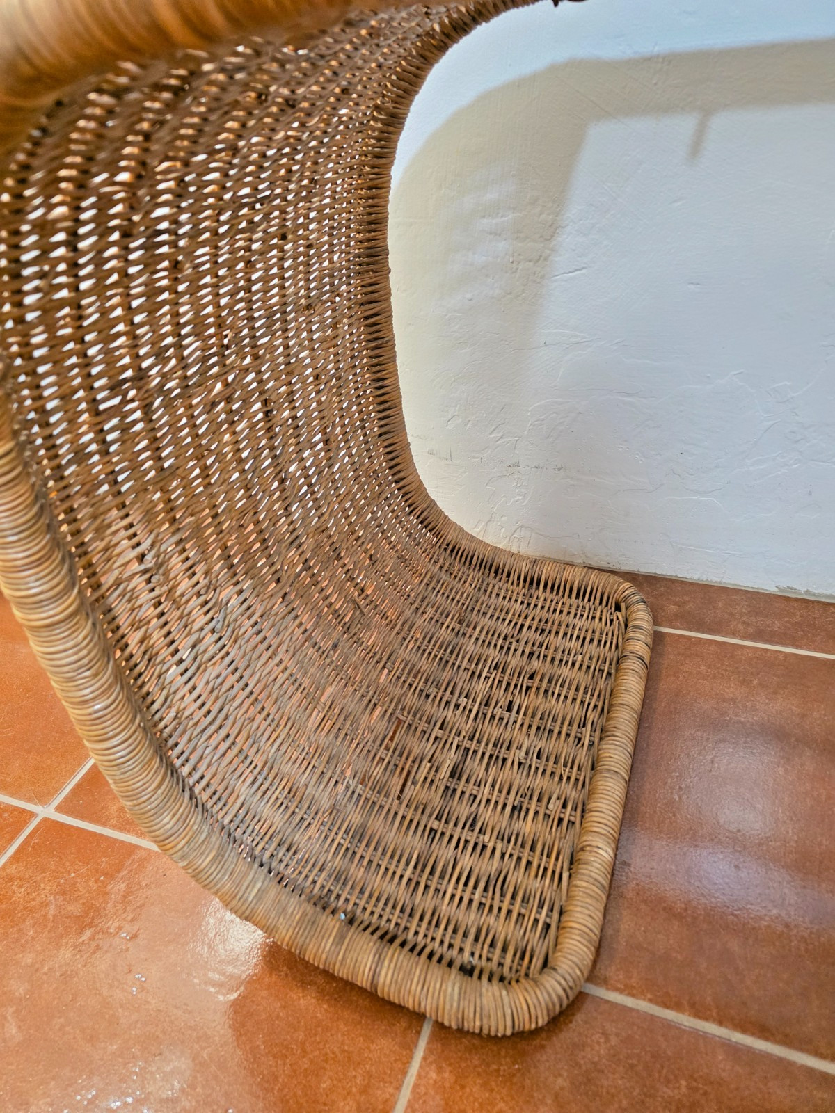 Vintage 1970s Wicker Waterfall Side End or Coffee Table Smoky Glass Top MCM Boho