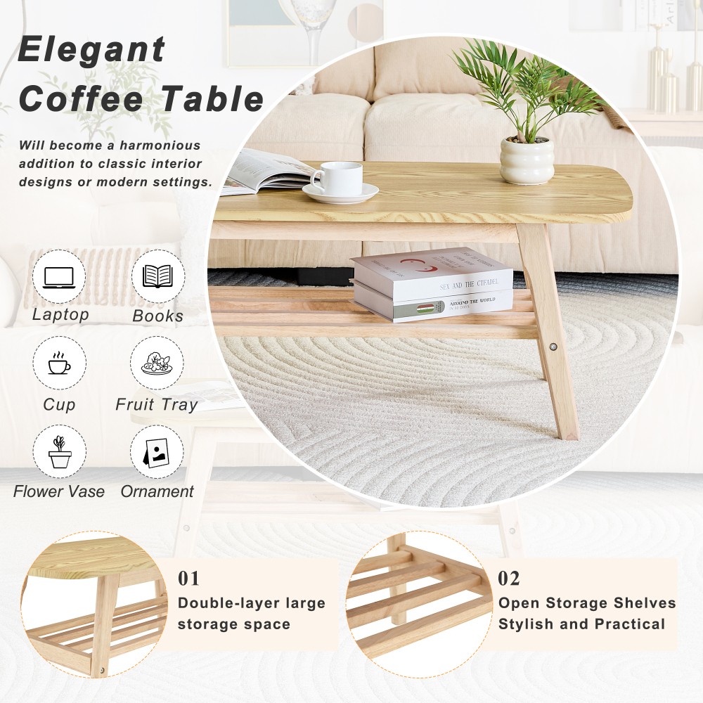 39 in solid wood coffee table – double-layer storage wooden center coffee table