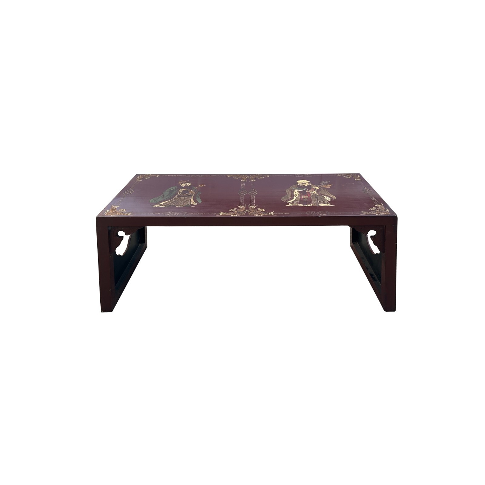 Vintage Chinese Brick Red Lacquer Deity Inlay Graphic Kang Coffee Table ws3705
