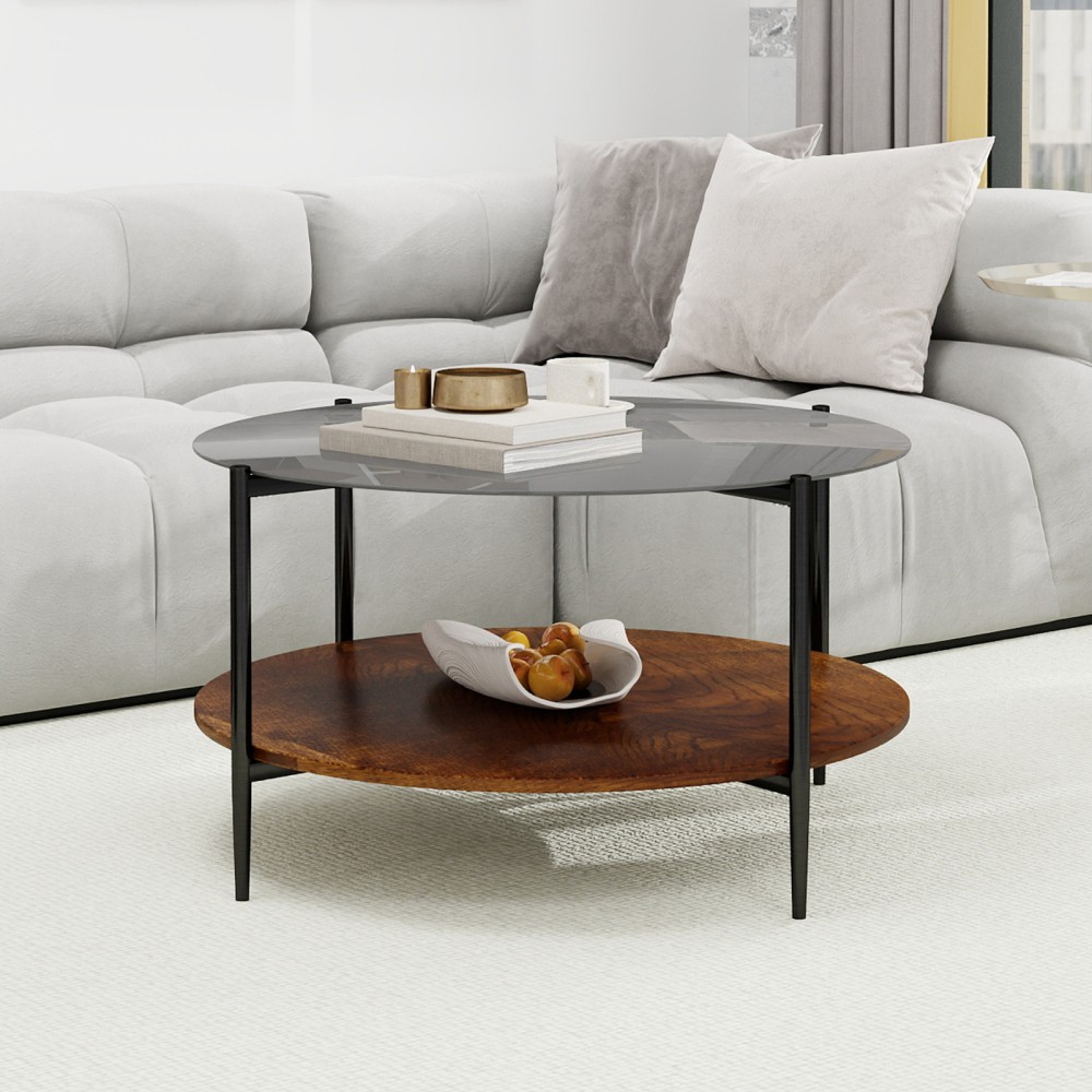 Modern Round Coffee Table Black Tempered Glass Top Solid Walnut Shelf Legs 32 in