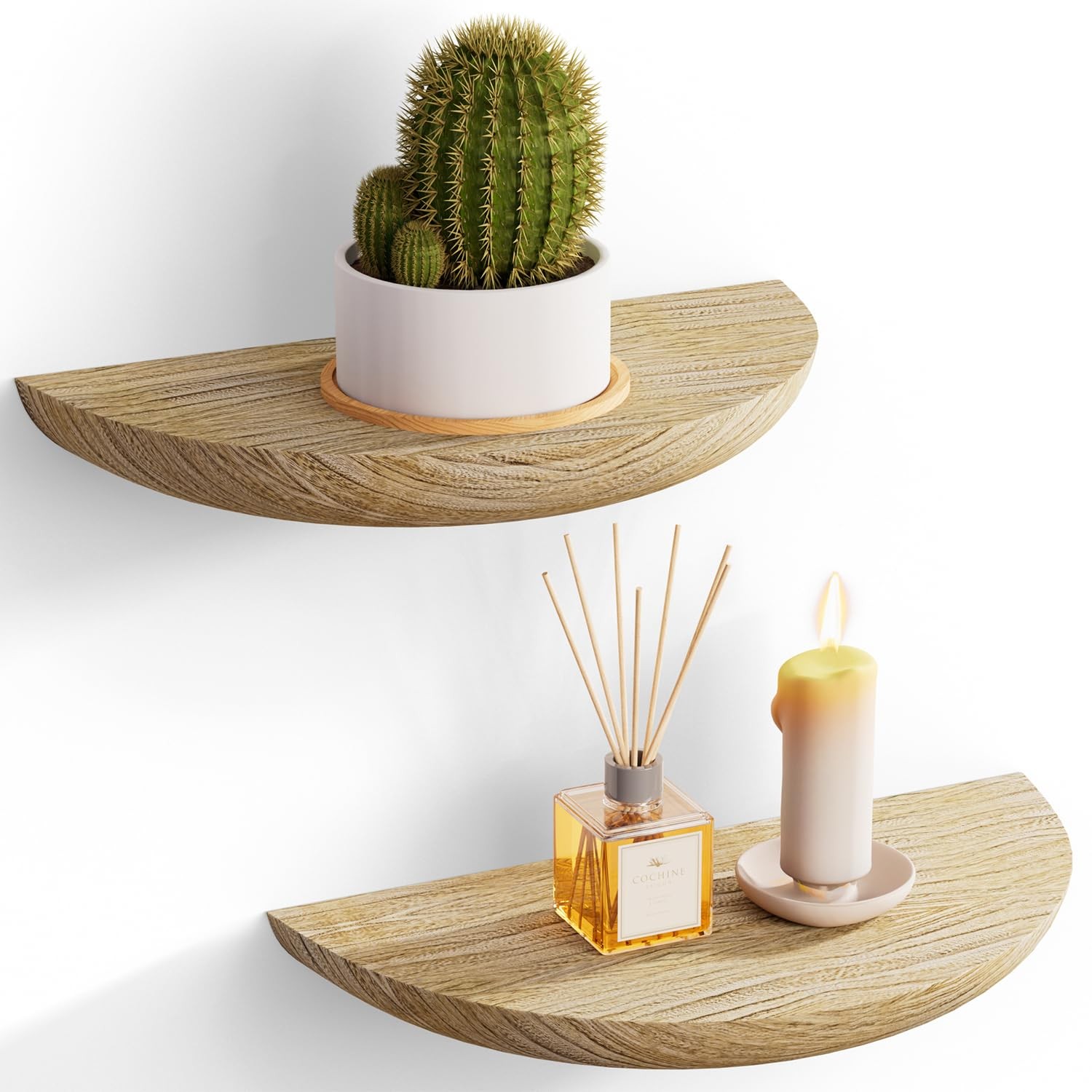 QsQueen Solid Wood Half Round Floating Wall Shelves | 2 Pcs, Light Brown
