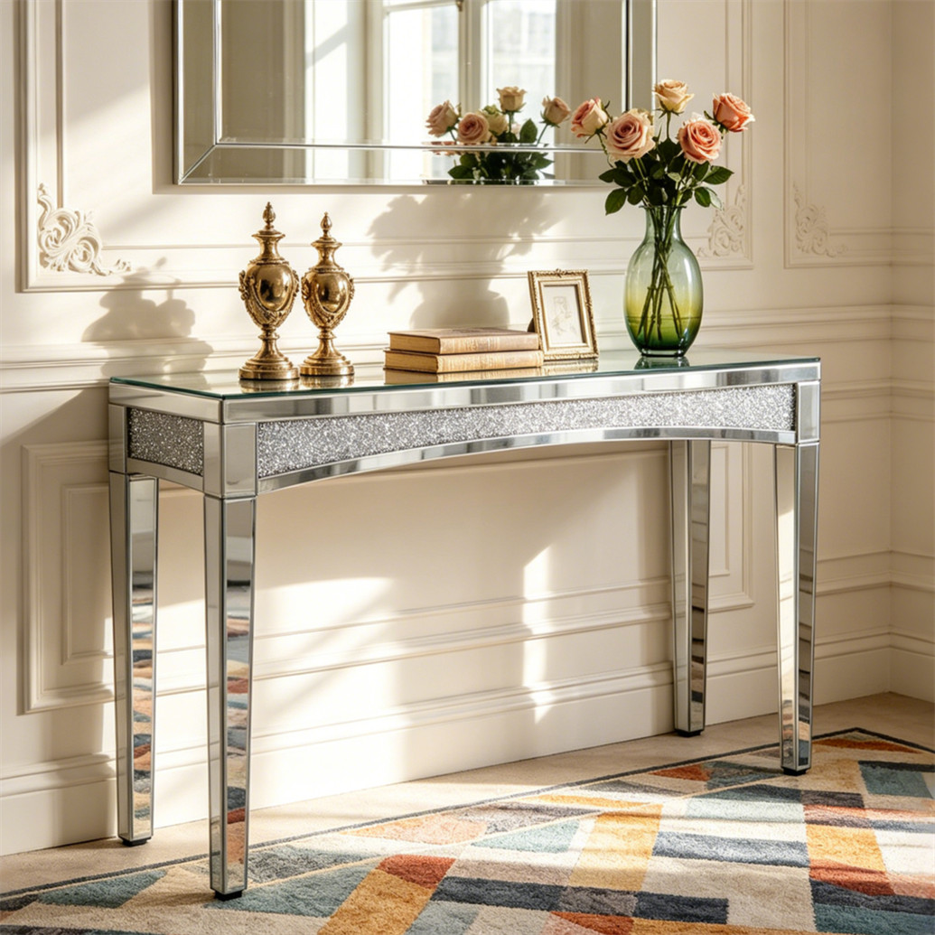 47.2” Long Mirrored Entryway Table with Crushed Diamond Silver Vanity Table