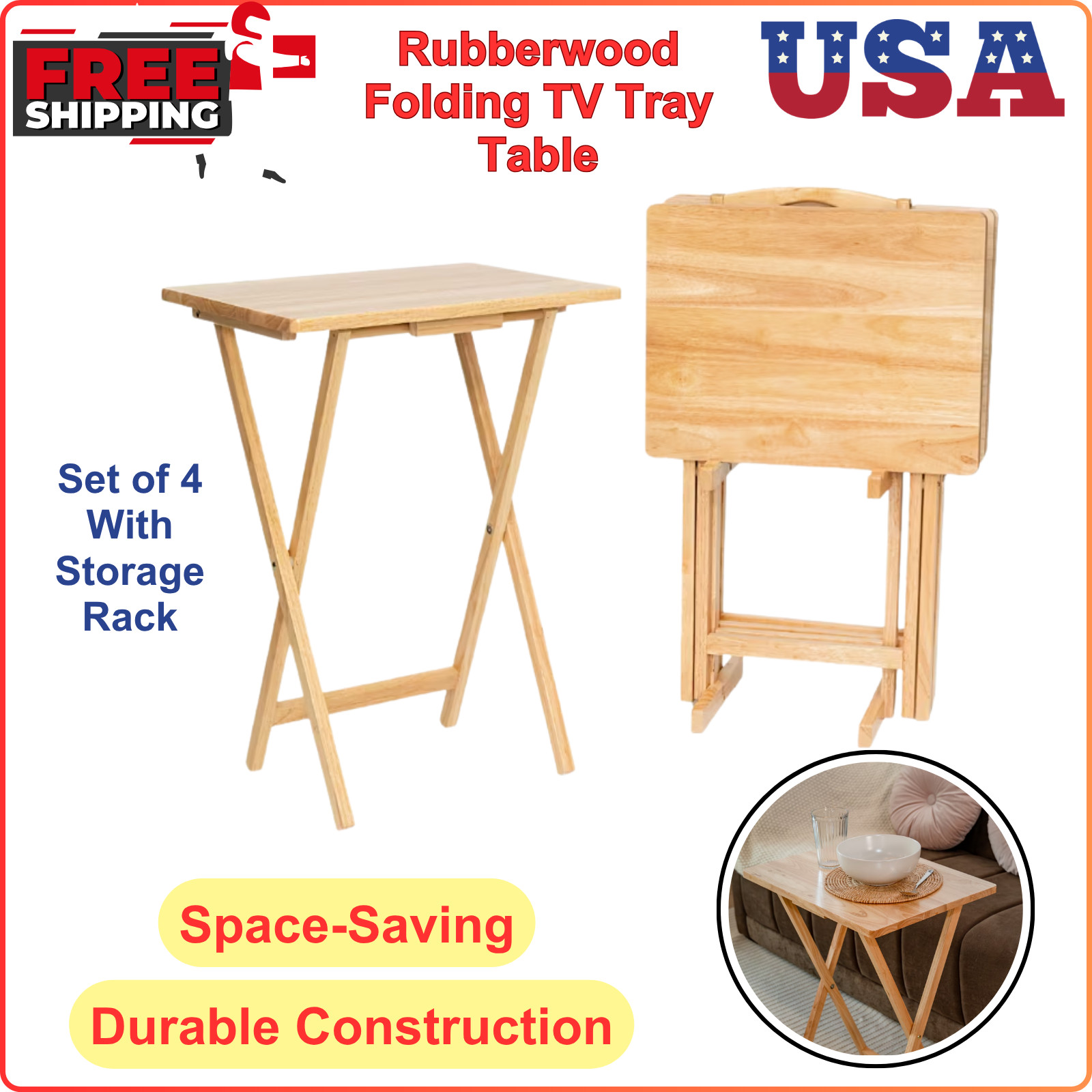 Mainstays Rubberwood Folding TV Tray Table Set of 4 with Storage Rack, Natural