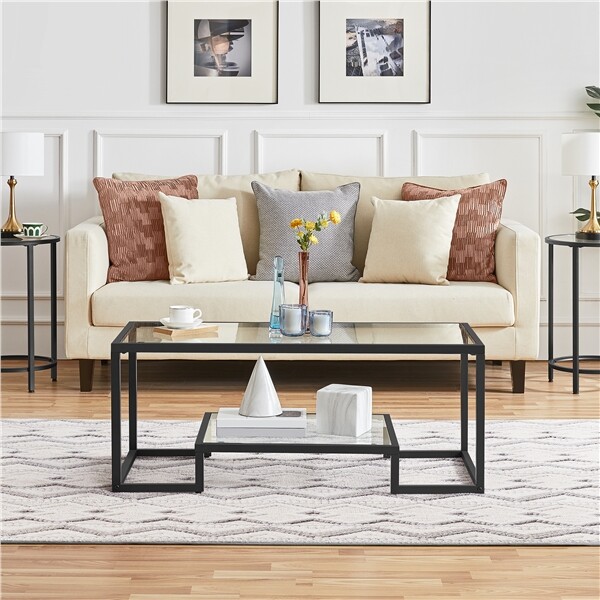 Modern Geometric-Inspired Glass Coffee Table with Storage and Display Shelf